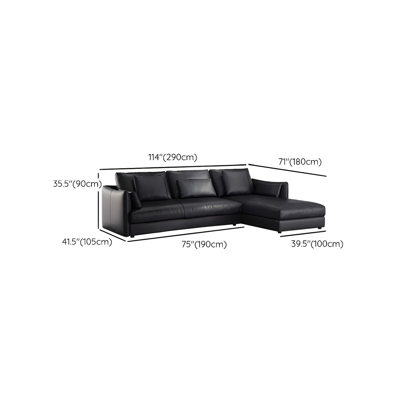 Modern Genuine Leather Sectional Sofa in Black with Recessed Arm - image 19