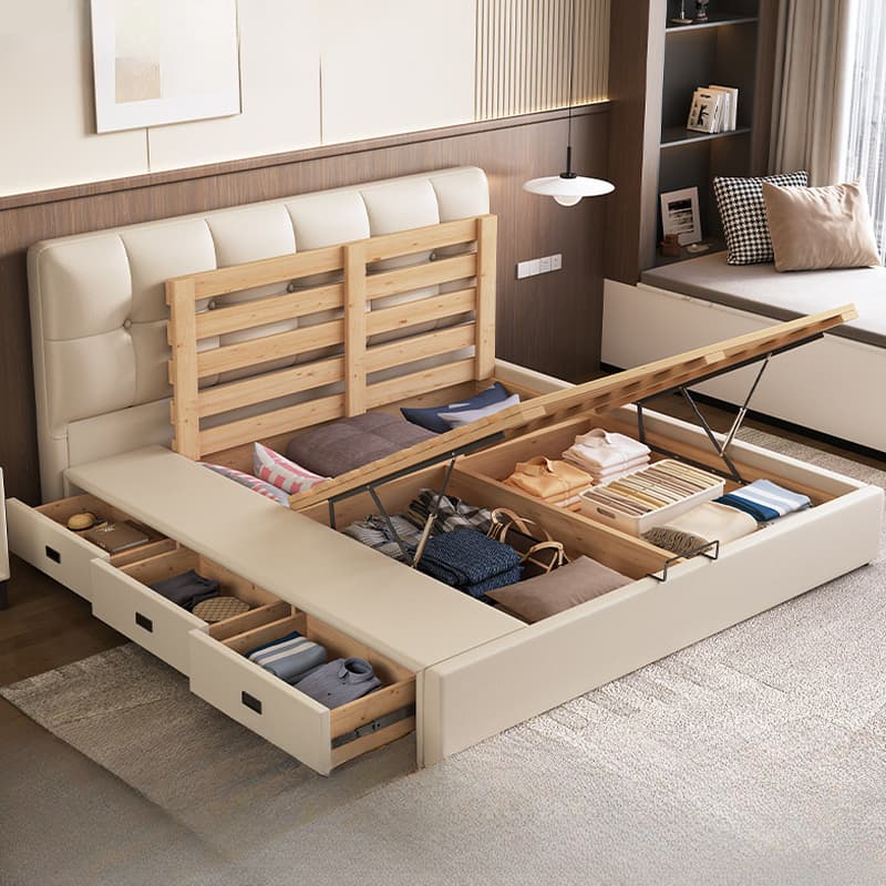 Cream Solid Color Stitch-tufted Storage Platform Bed/Storage Panel Bed with Sponge Filling Headboard Panel, 3 Storage Boxes Included/Not Included