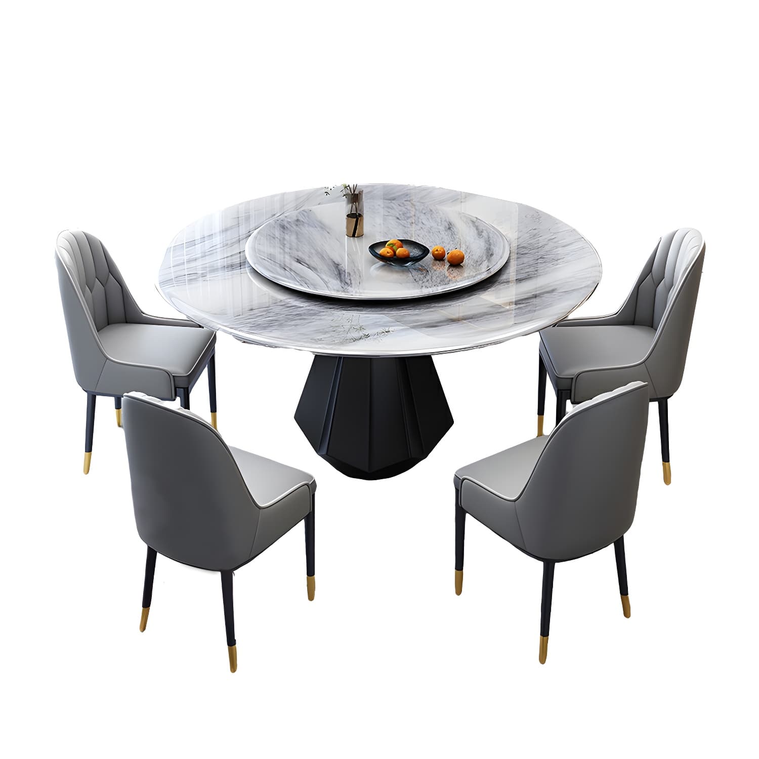 Modern Round Marble Dining Table Set with Black Metal Base in Beige