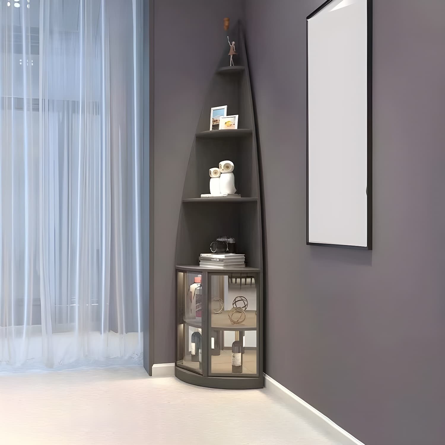 Corner Modern Cabinet with Wood Counter Top and 4 Exterior Shelves
