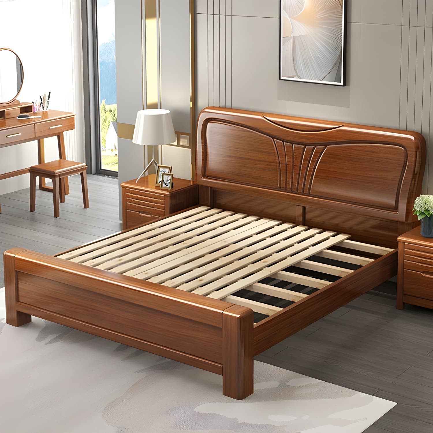 Traditional Style Bed Frame Walnut Standard Bed with Headboard - image 4