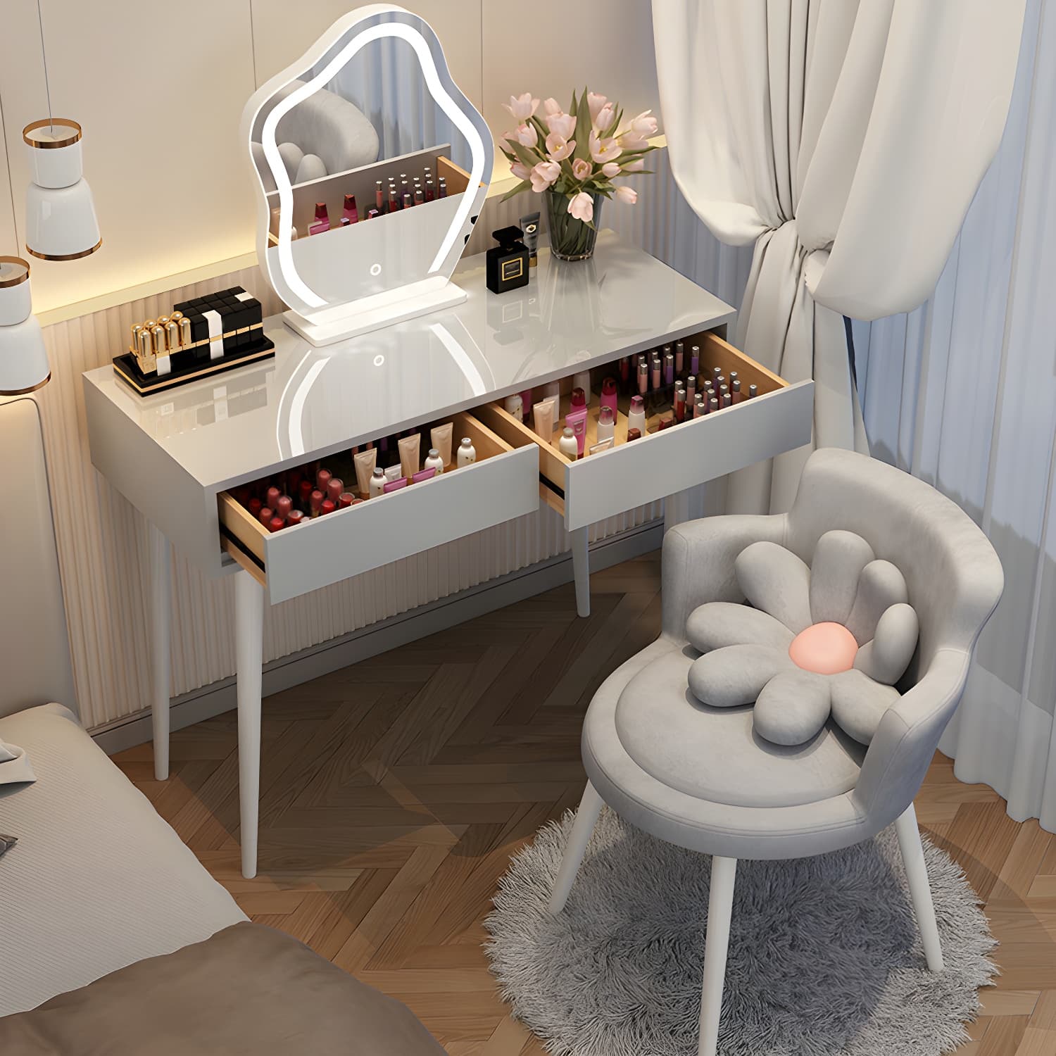 Contemporary Lighted Mirror Makeup Vanity Desk in Wood Vanity Dressing Table Set - image 5