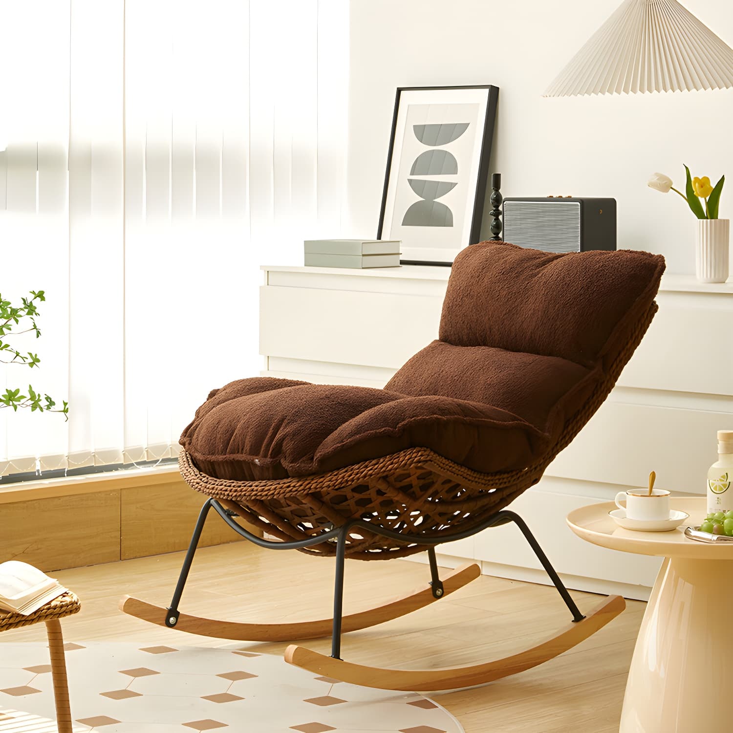 Rattan Brown Frame Rocking Chair Solid Wood Armless for Outdoor