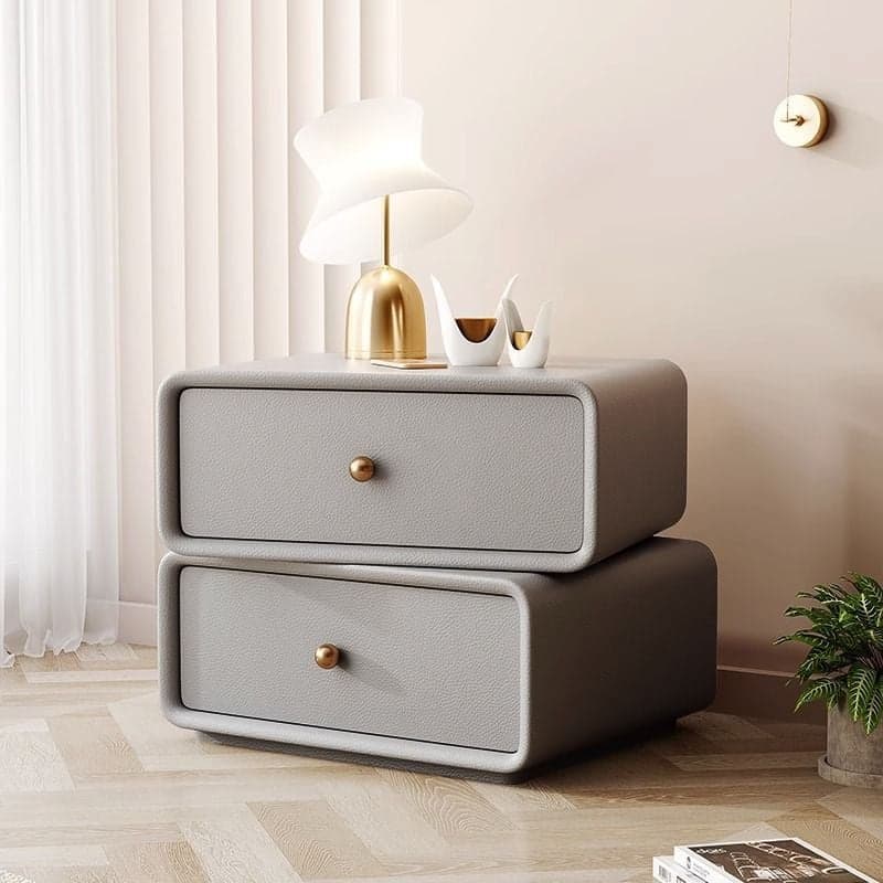 Simplistic 2 Tiers Drawer Storage Nightstand with Light Colored Wood, Swivel Feature, and Pleather Countertop - image 9