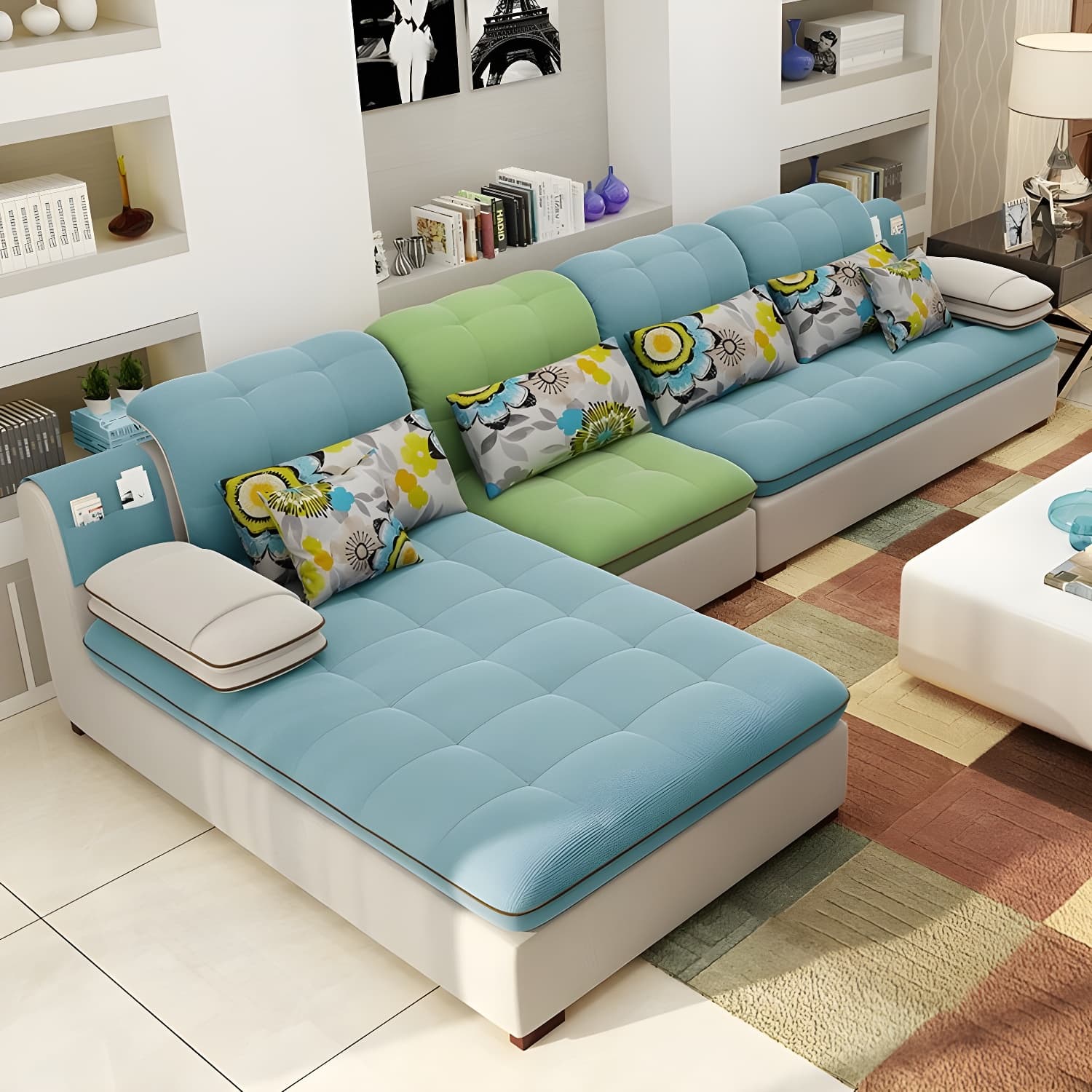Modern Wood Frame L-Shaped Stationary Sofa Chaise with Adjustable Headrest and Storage Included