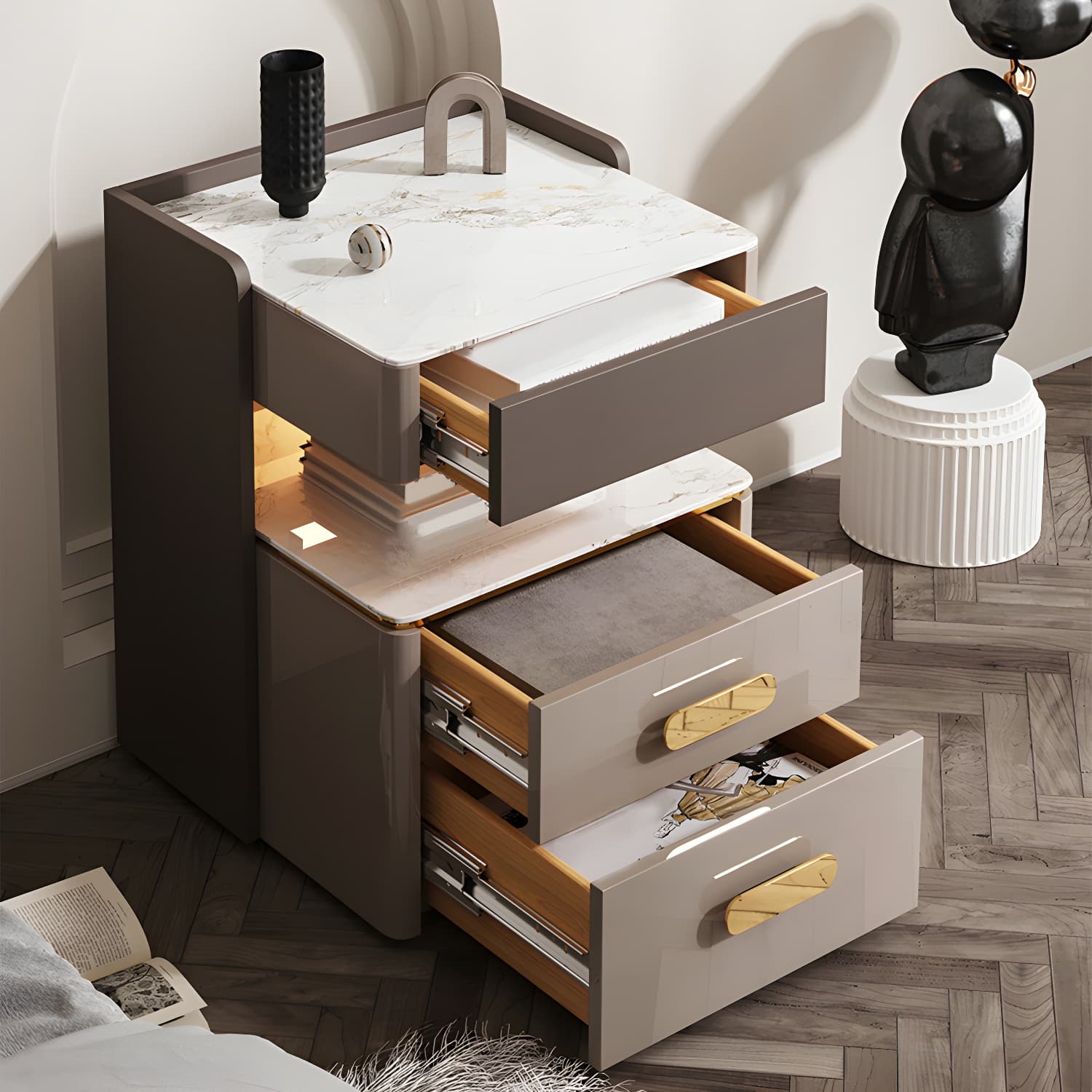 3-Drawer Nightstand with USB charging 21.65" Tall Faux Leather Nightstand - image 6