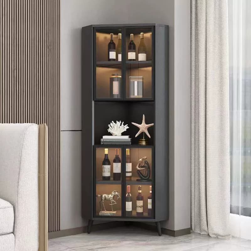 Contemporary Wood Corner Accent Cabinet with Clear Glass Doors, Metal Legs and Interior Shelves