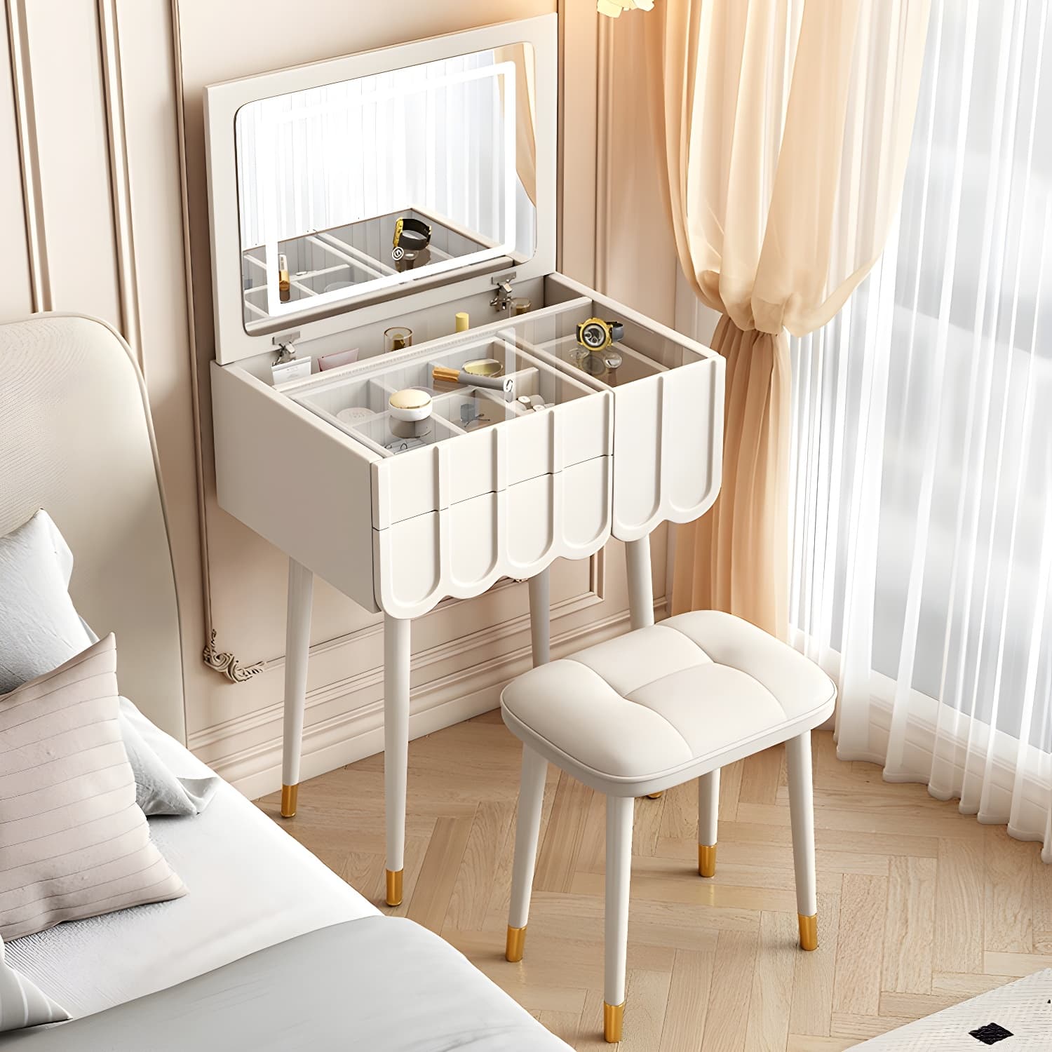 Elegant Vanity Set with Oak Top & Mirror & 2 Drawers & Comfortable Seat - image 5