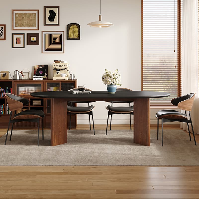 Dining Table Set with Oval Slate Stone Top and Two-sided Pedestal, Featuring Padded Chair with Back in Midnight Black