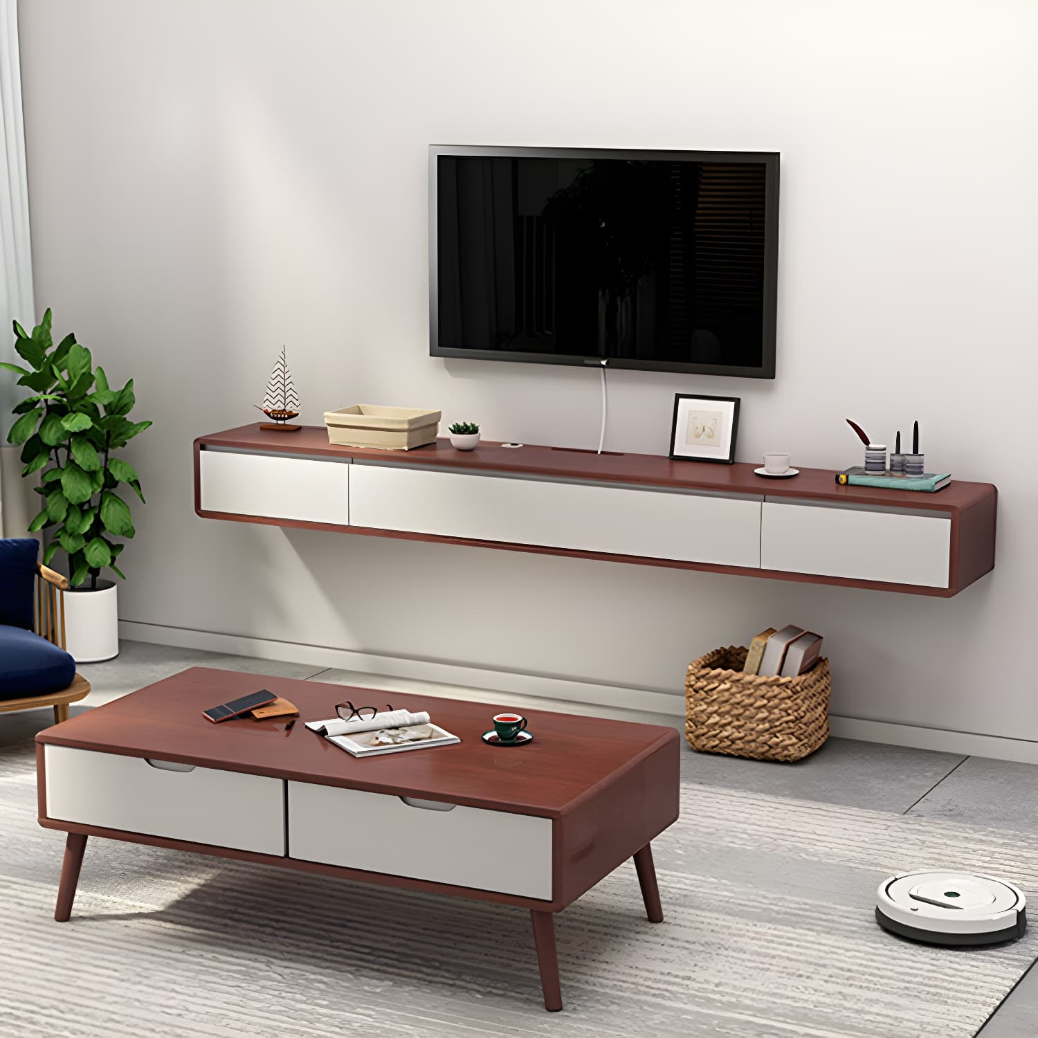 Nordic Wall-Mounted TV Console Solid Wood 2-Drawer Floating TV Stand Console - image 10