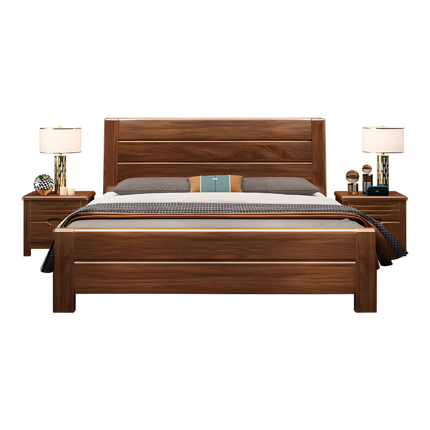 Mid-Century Modern Standard Bed Walnut Panel Bed with Headboard - image 5