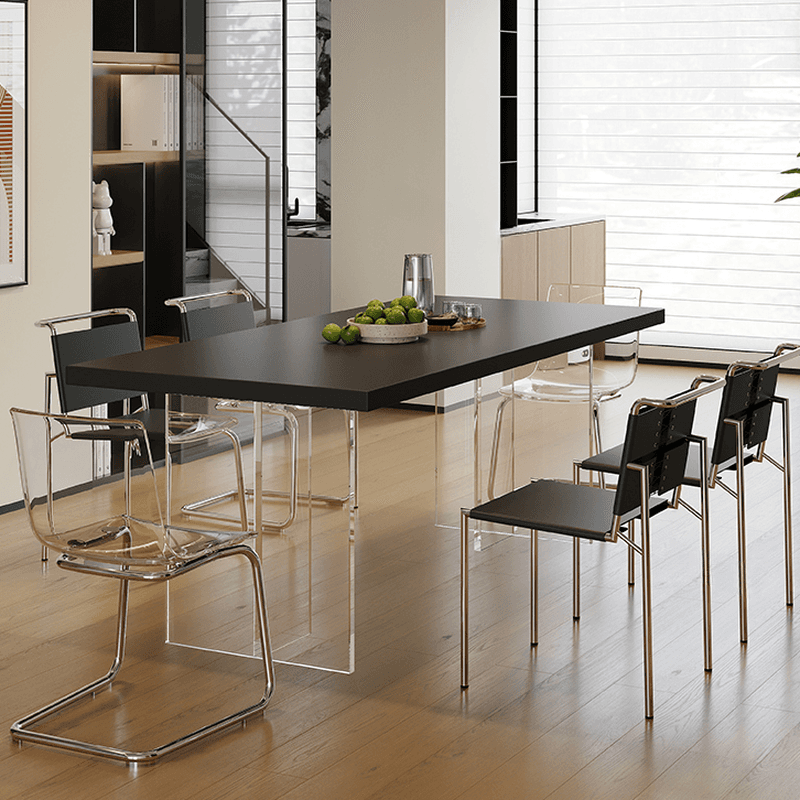 Minimalist Rectangular Dining Table Set with Two-sided Pedestal and Fixed Table, Featuring Back Chairs in Midnight Black