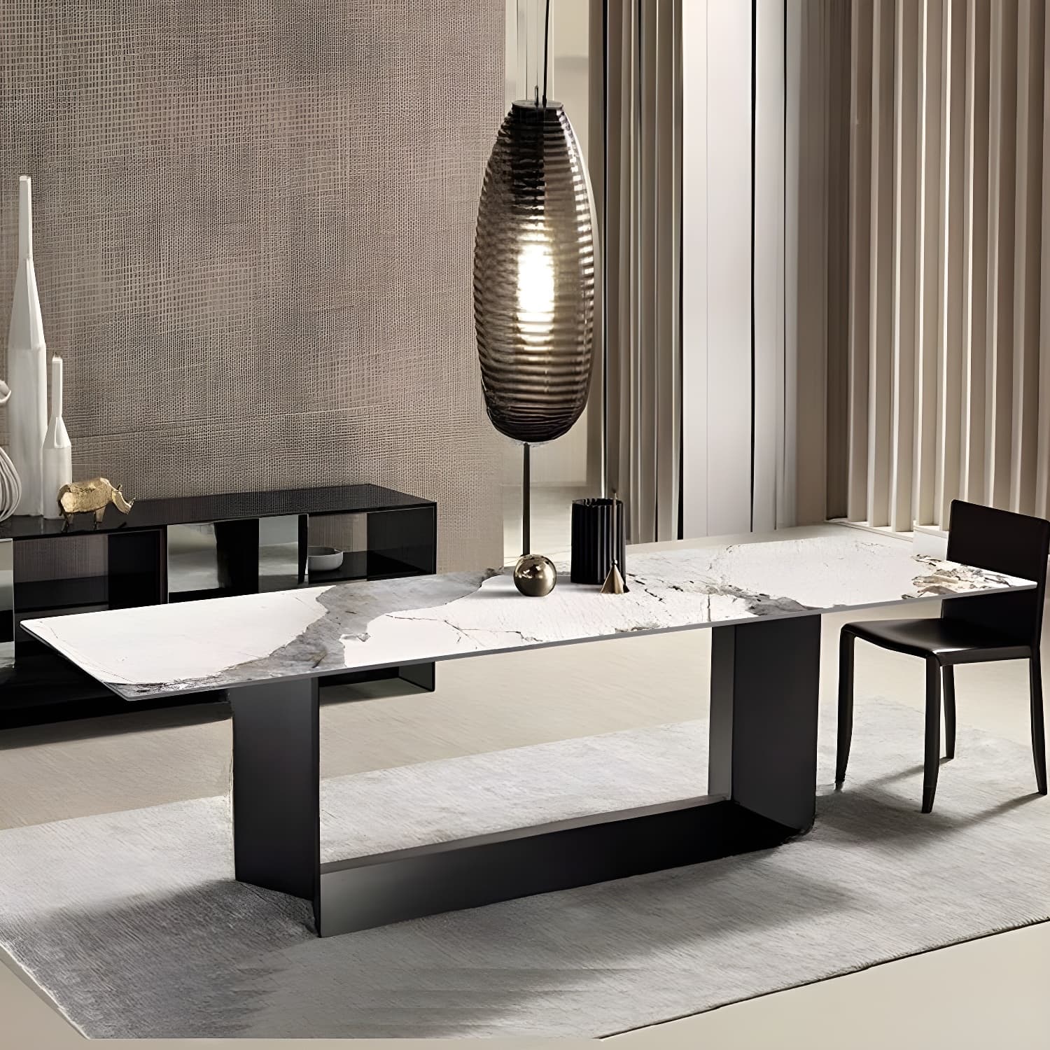 Modern Rectangle Stone Top Dining Table with Sleek Black Steel Trestle Base