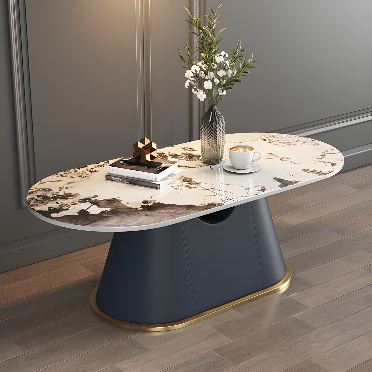 Glam Oval Stone Coffee Table with Pedestal Chrome Base - Scratch Resistant - image 8