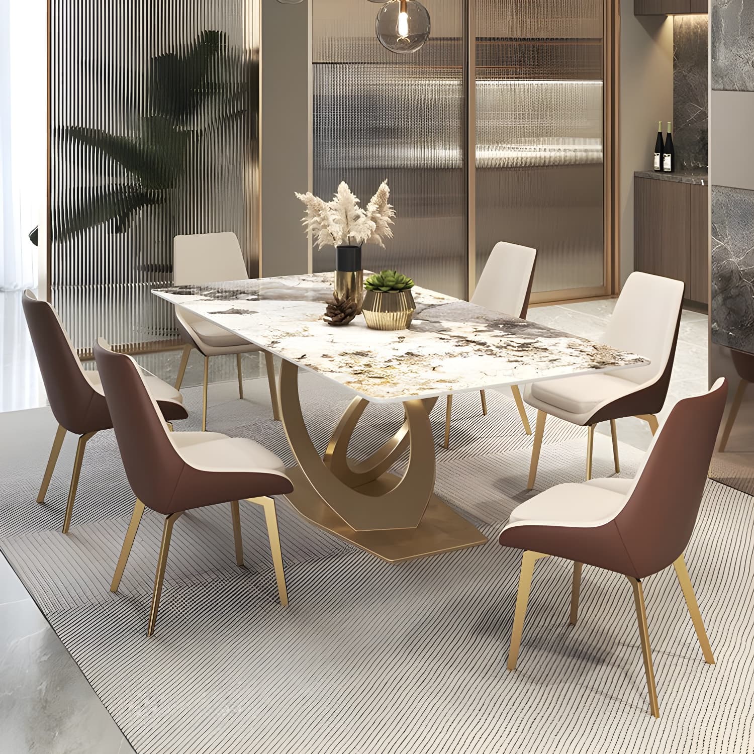 Glossy Beige Dining Table Set 1/2/5/7 Pcs Glam Dinette Set with Leather Chairs - image 13