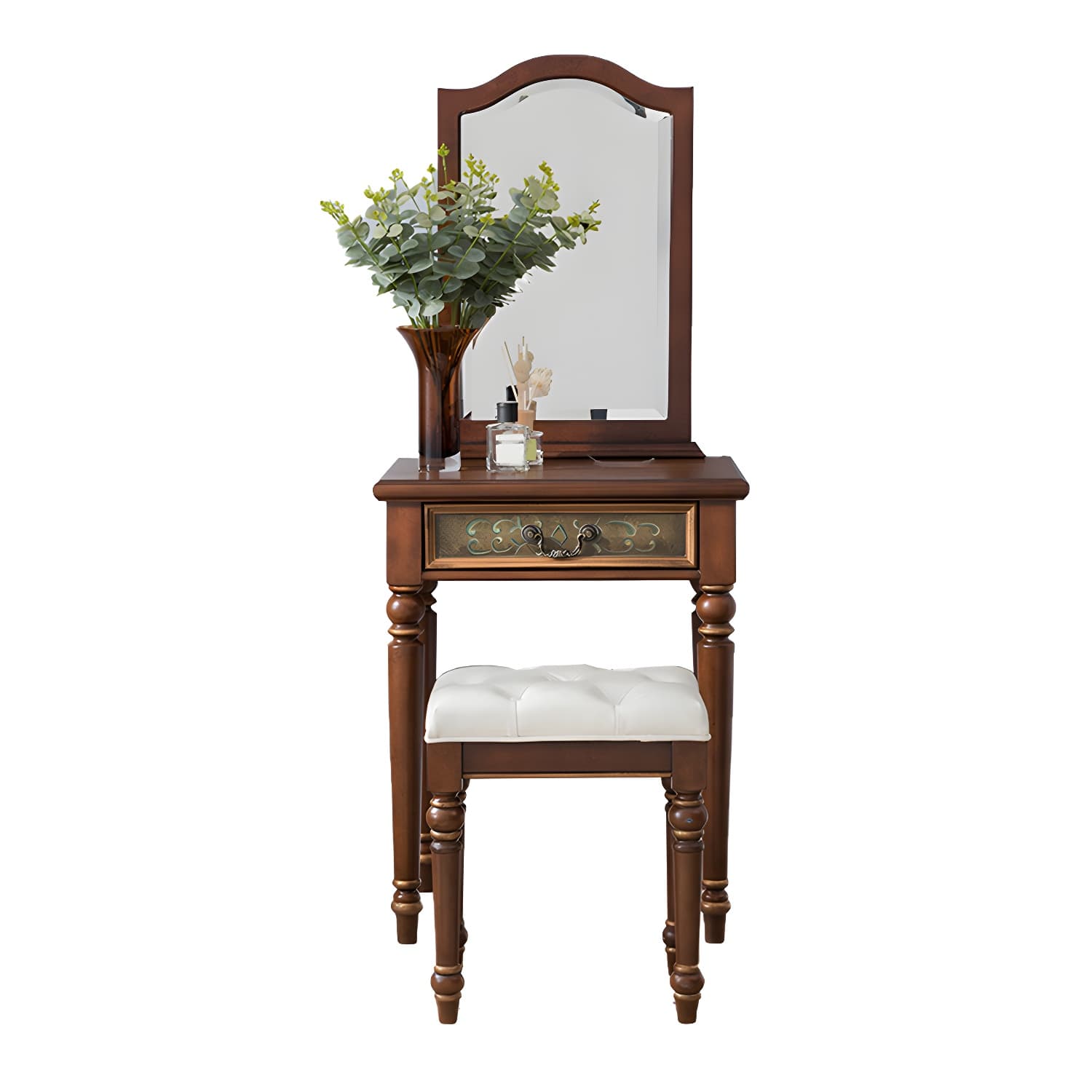 Victorian Vanity Set Solid Wood Drawers Included Makeup Dressing Table With Mirror & Stool - image 14