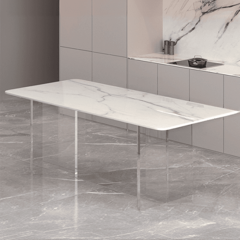 Dining Table Set with Rectangular White Slate Stone Top, Two-sided Pedestal Base, and Padded Chair with Back