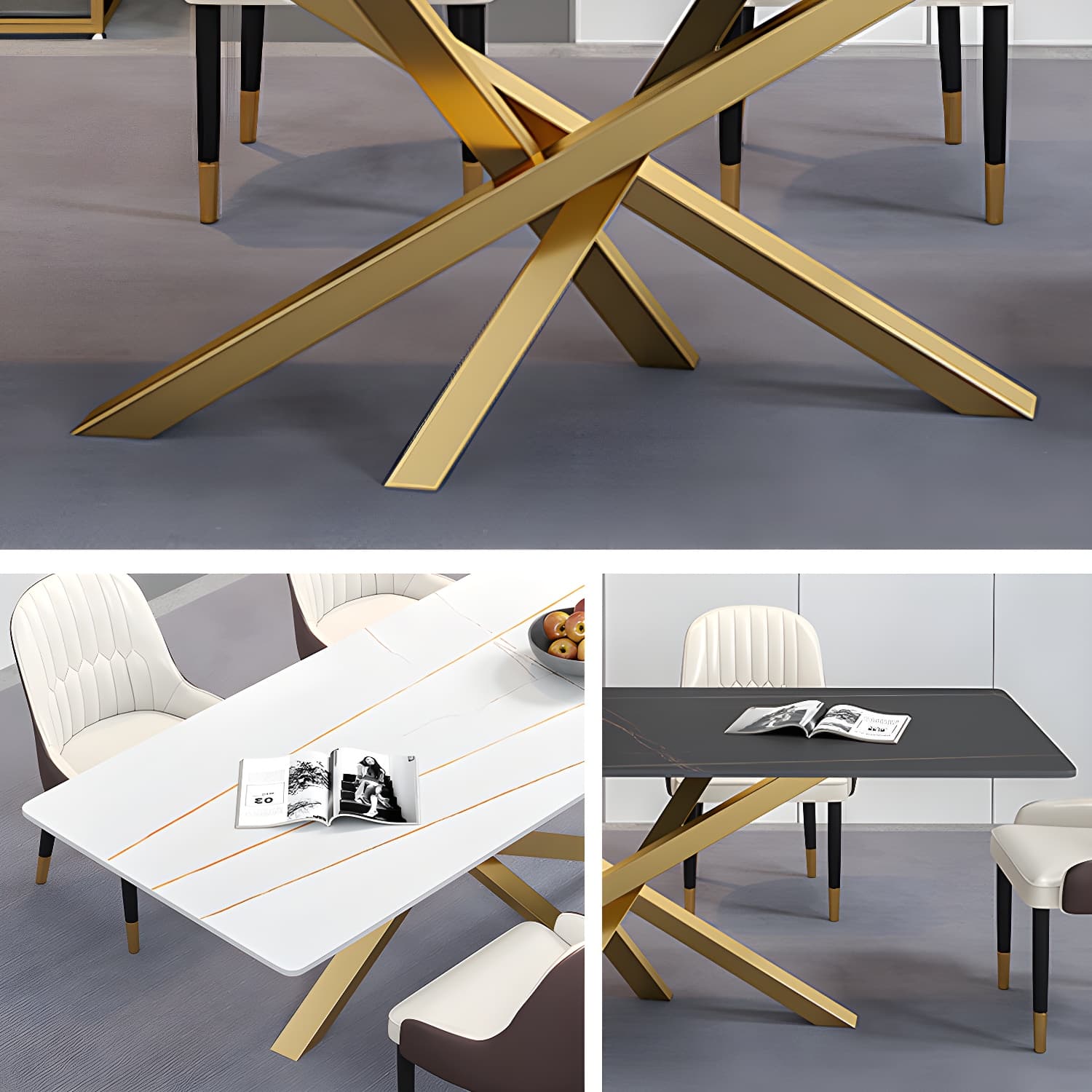 Luxury Sintered Stone Top Dining Table Rectangle Table with Metal Pedestal - image 6