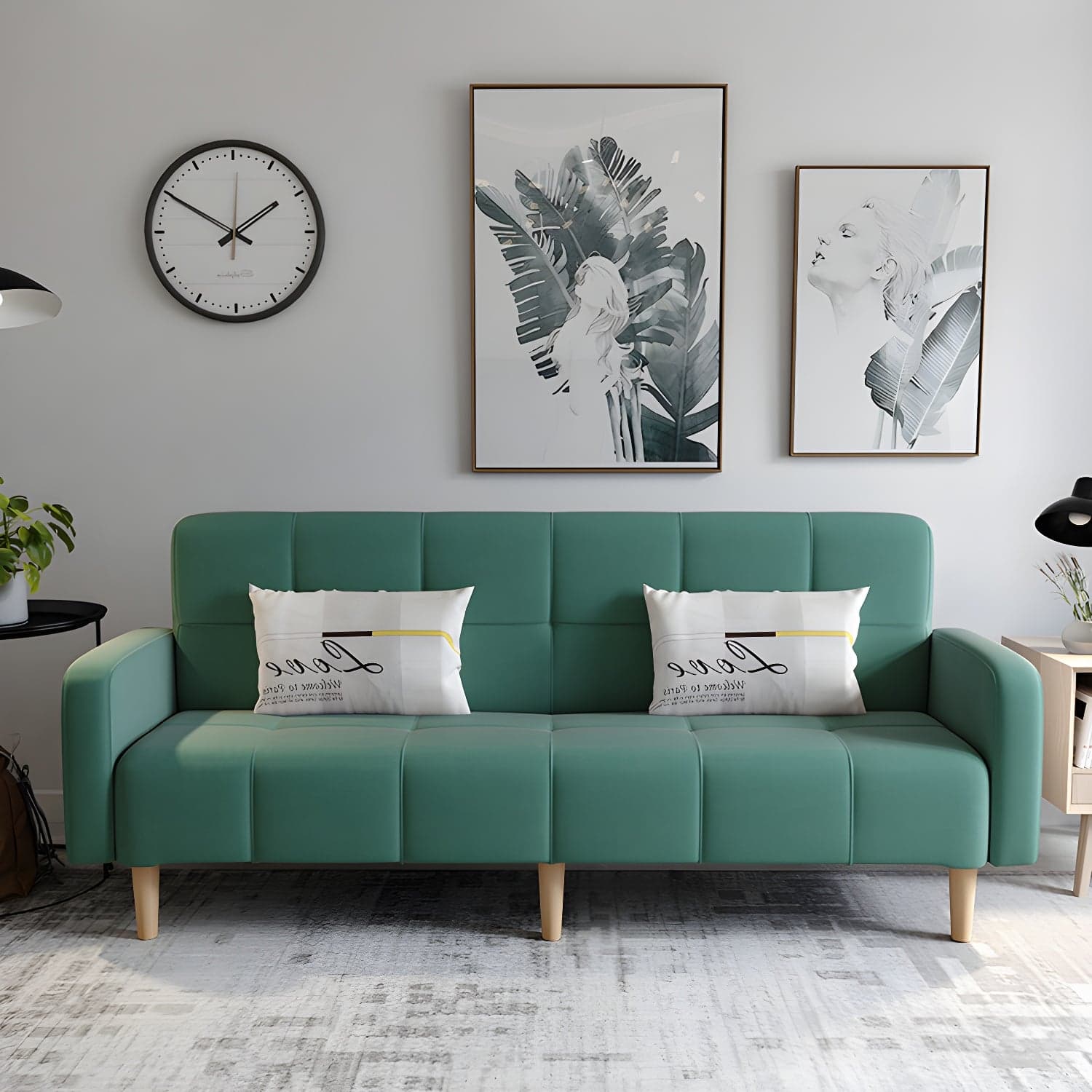Living Room Linen Chesterfield Sofa with Wooden Legs Square Arm Loveseat