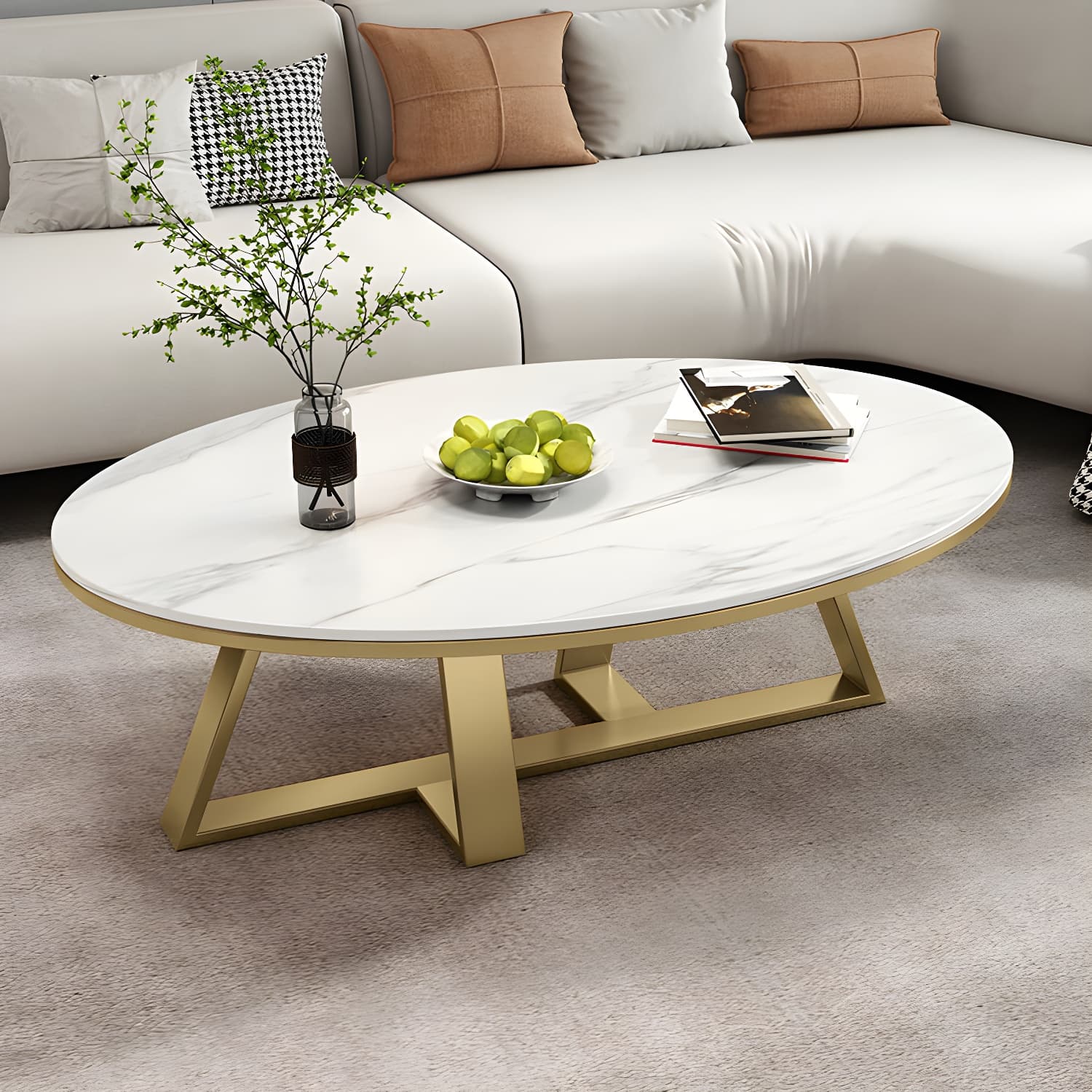 Metal Cross Legs Cocktail Table Luxurious Oval Stone Top Coffee Table - image 5
