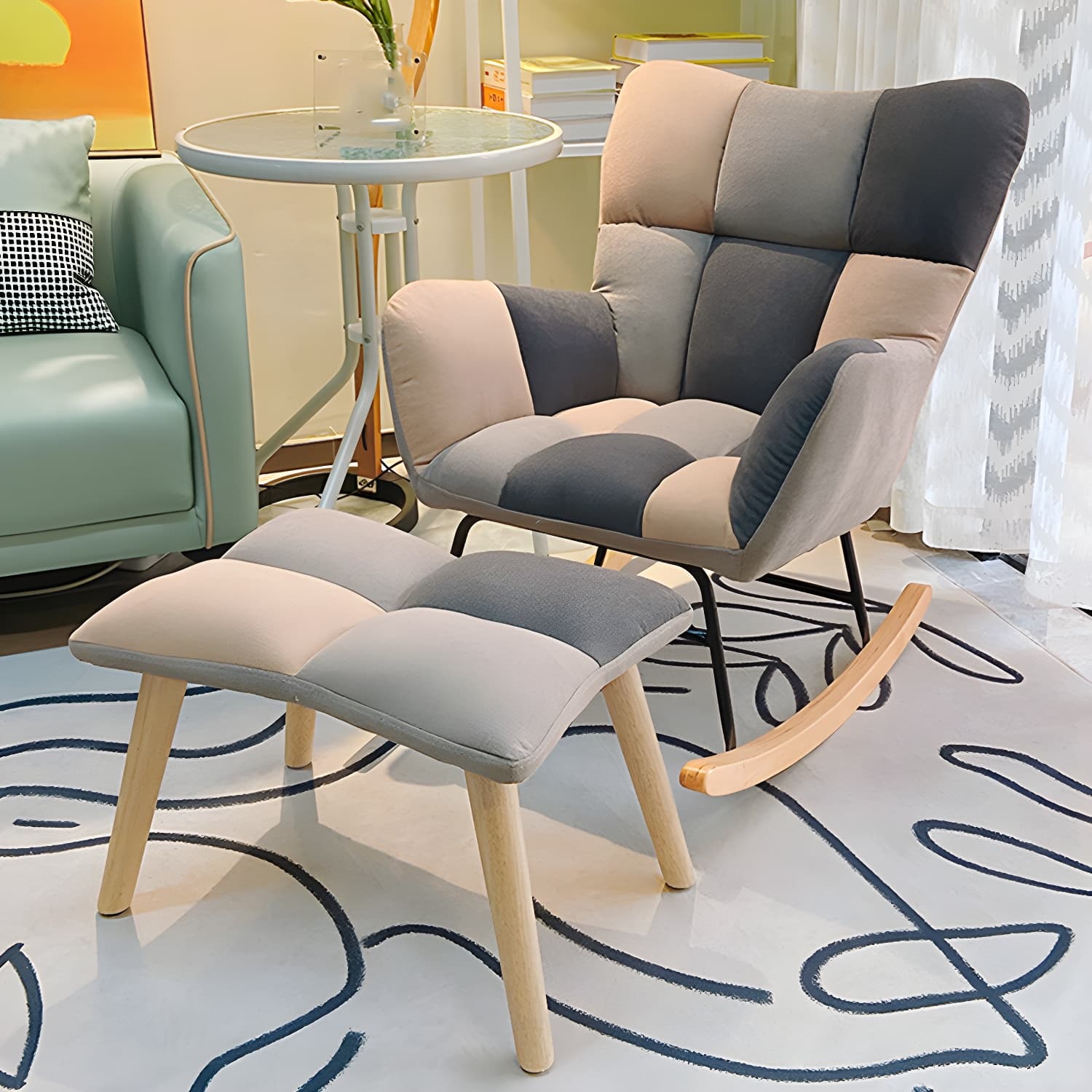 Fabric Rocking Chair Color Panel Contemporary Tufted Cushions Rocker Chair with Ottoman - image 14