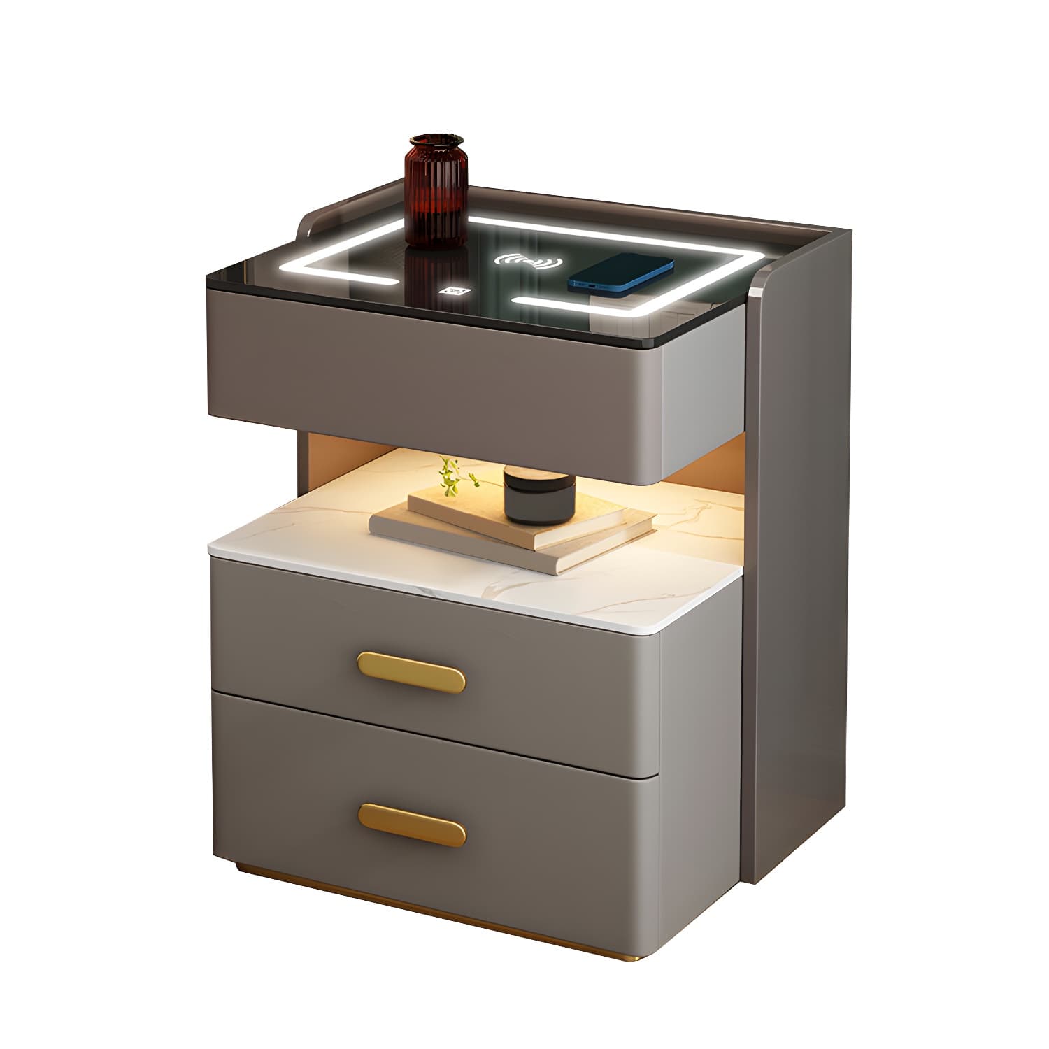 Open Storage Night Table Modern Bed Nightstand with 3 Drawers
