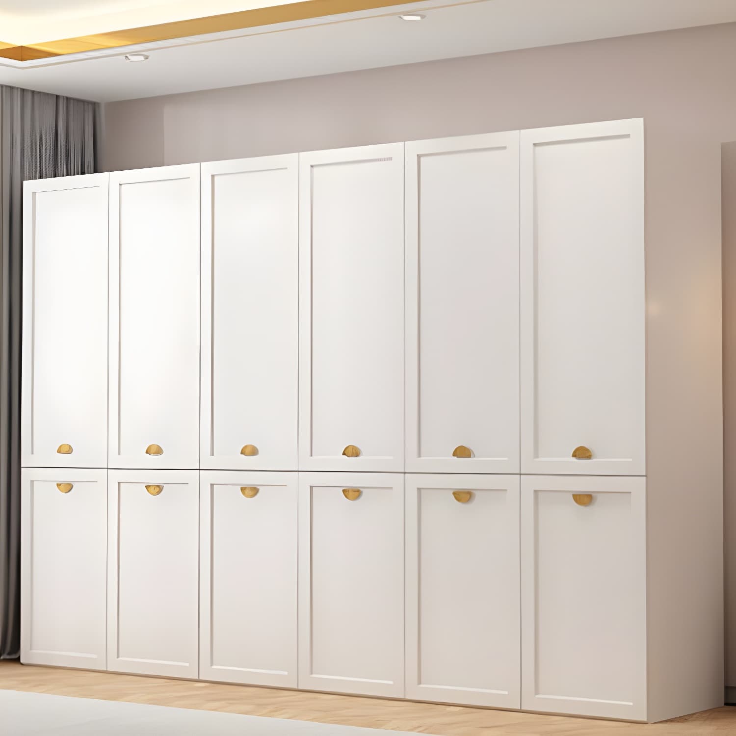 Modern Solid Color Shelves Hinged Doors Cloth Rod Included Cabinet in Beige - image 15