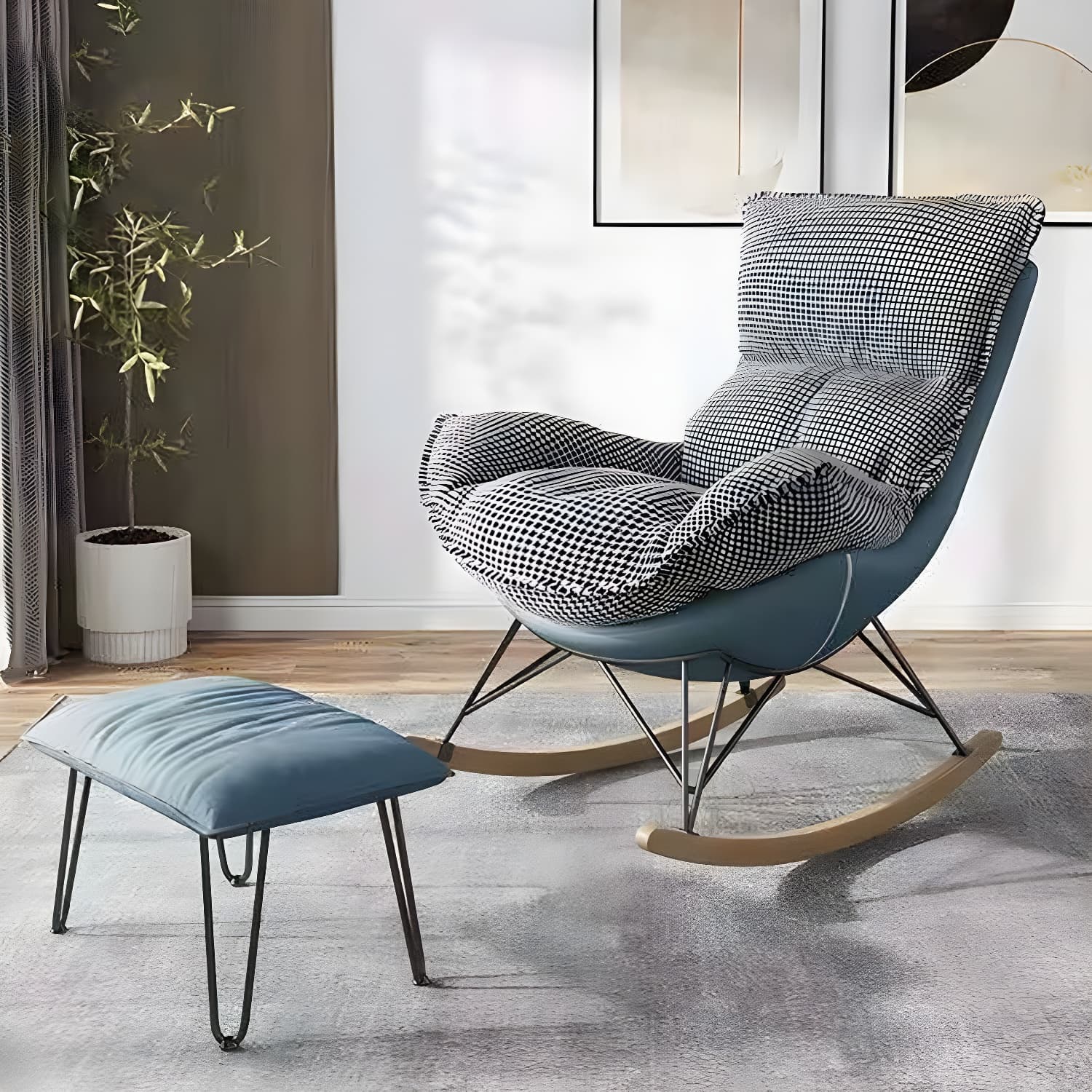 Modern Glider Chair Solid Pure Color Faux Leather Rocker Chair with Ottoman
