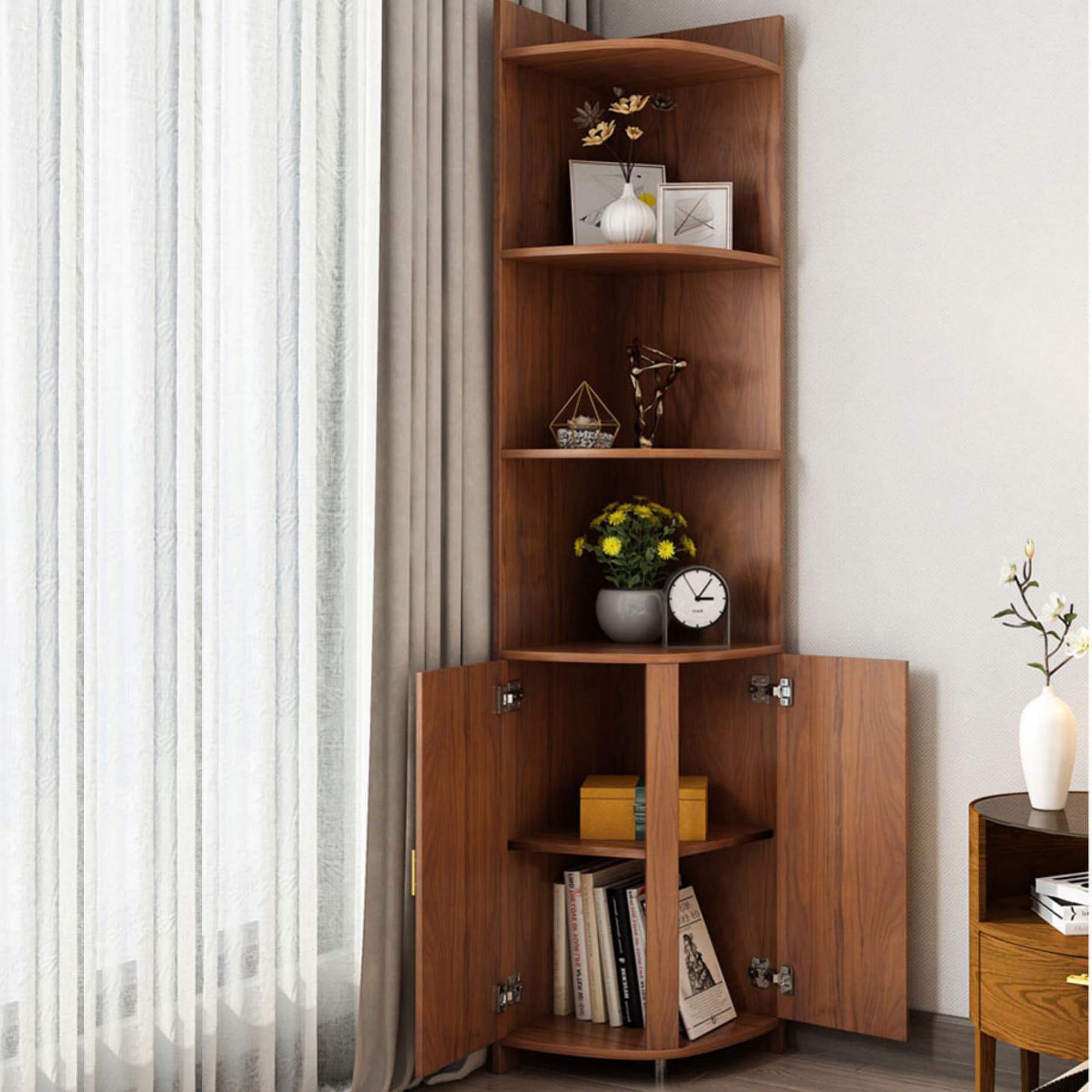 Corner Coastal Brown Wood Corner Accent Cabinet with 2 Shelves - image 4