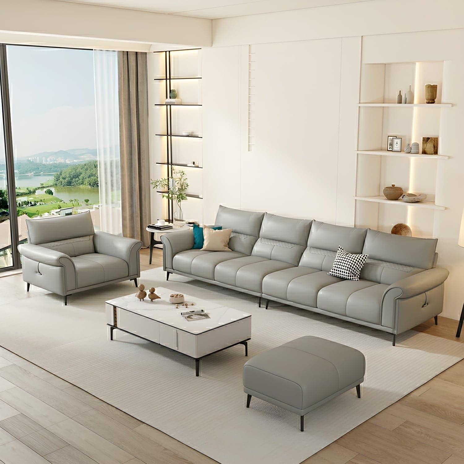 Modern Gray Genuine Leather Stationary Sectional Sofa with Flared Arms