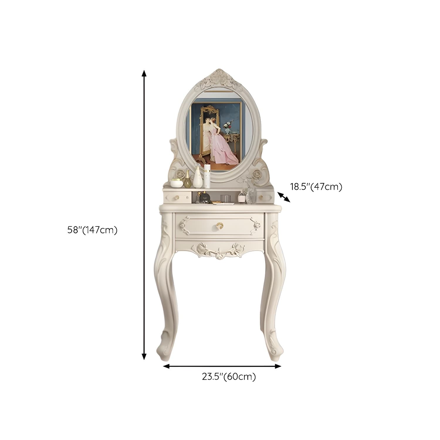 Elegant White Victorian Makeup Vanity Set with Wood Top & Mirror & Drawers & Upholstered Chair - image 10