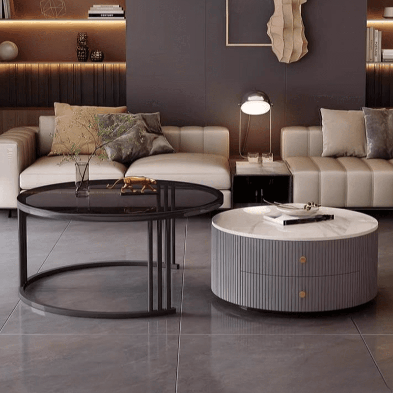 Double Nesting Round Coffee Table with Frame Base and 2 Drawers - image 5