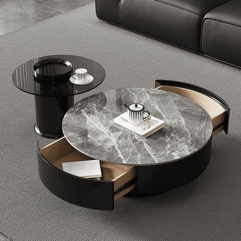 Elegant 1-Tier Circular-shaped Slate Side Table with Drum Base and Midnight Black Top, Includes 2 Drawers/1 Drawer - image 7