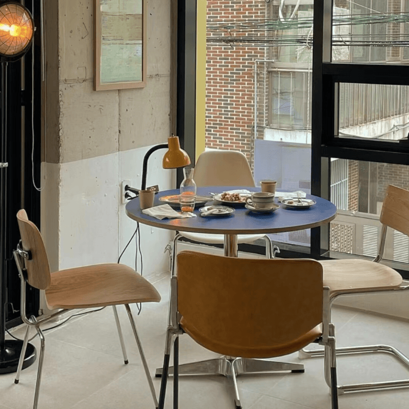 Trendy Orbicular Dining Table with Timber Top, Fixed Table Mechanism in Cerulean/Green/Apricot Color - image 10