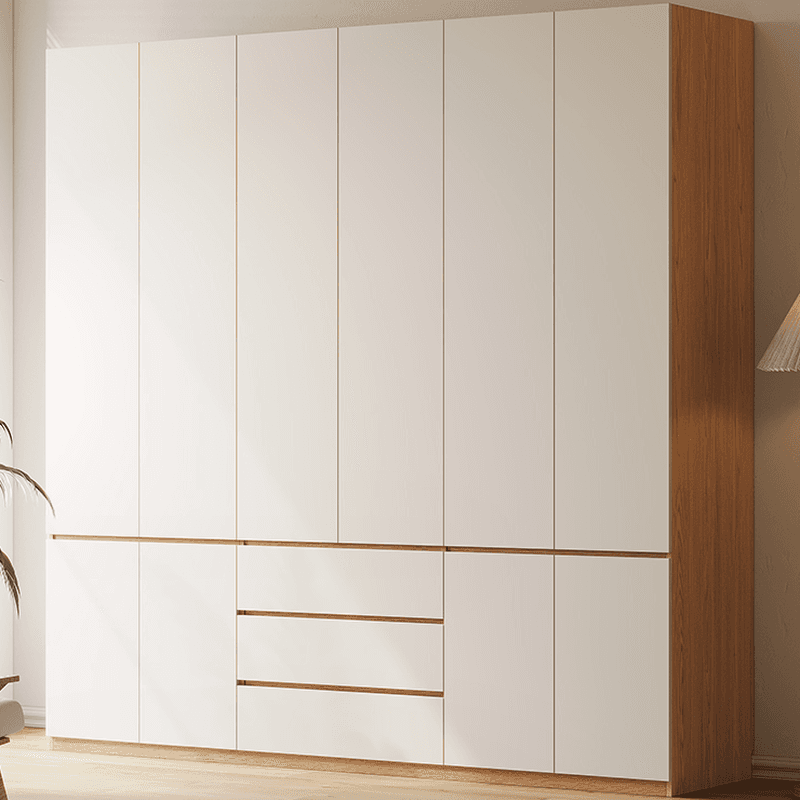 White Minimalist Manufactured Wood Wardrobe Closet with Soft Close Drawer, Soft Close Door, Interior Shelves, and Clothing Rod