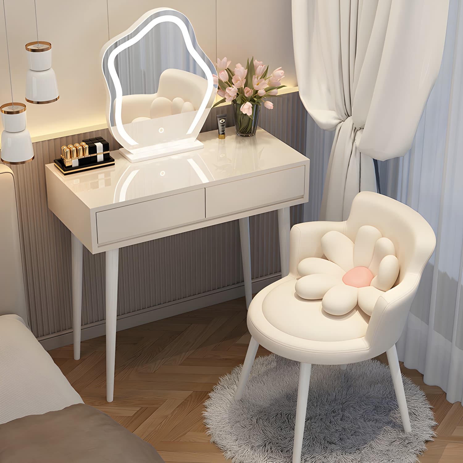 Contemporary Lighted Mirror Makeup Vanity Desk in Wood Vanity Dressing Table Set - image 3