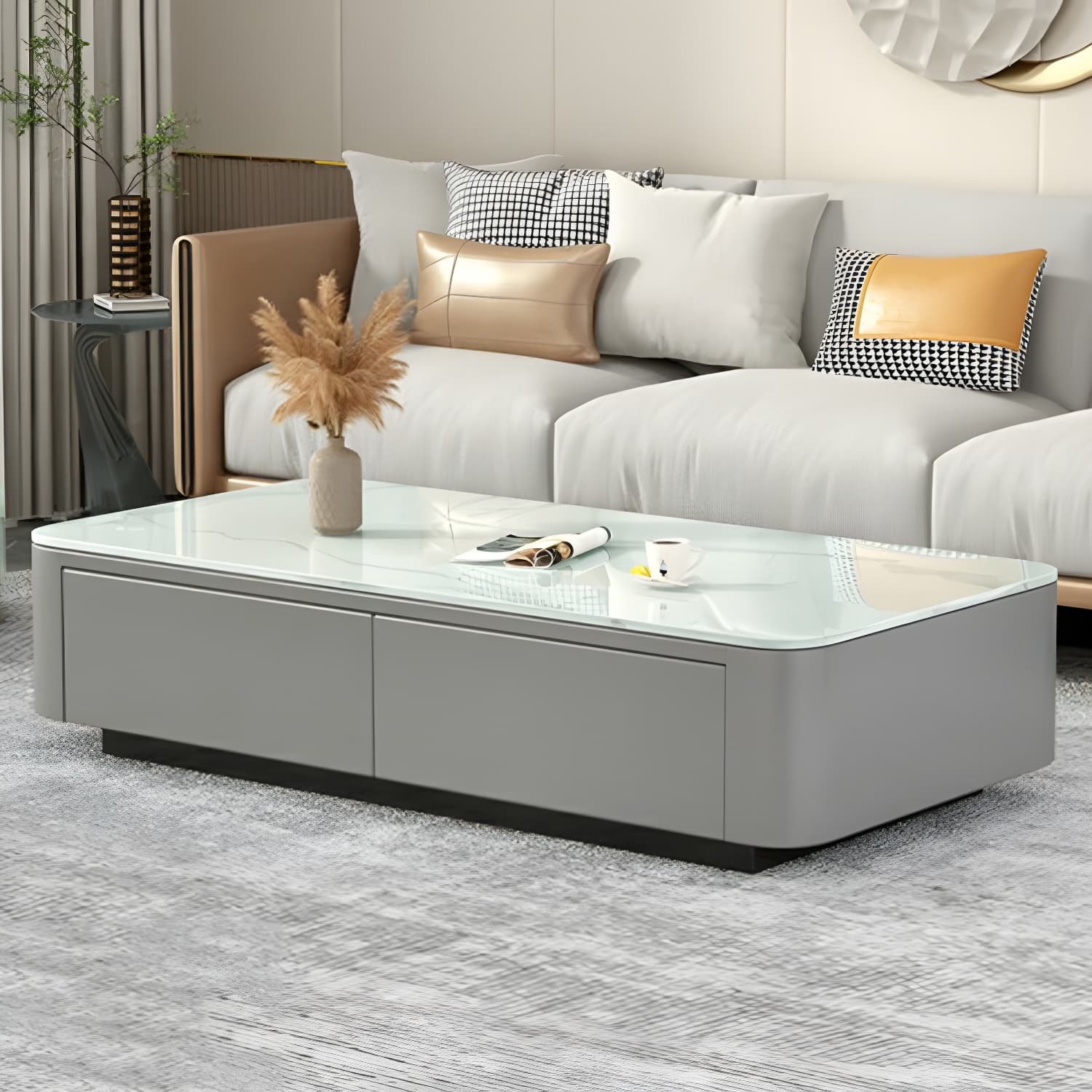 Modern Rectangular Coffee Table with Tempered Glass Top & Black Wood Base - image 9