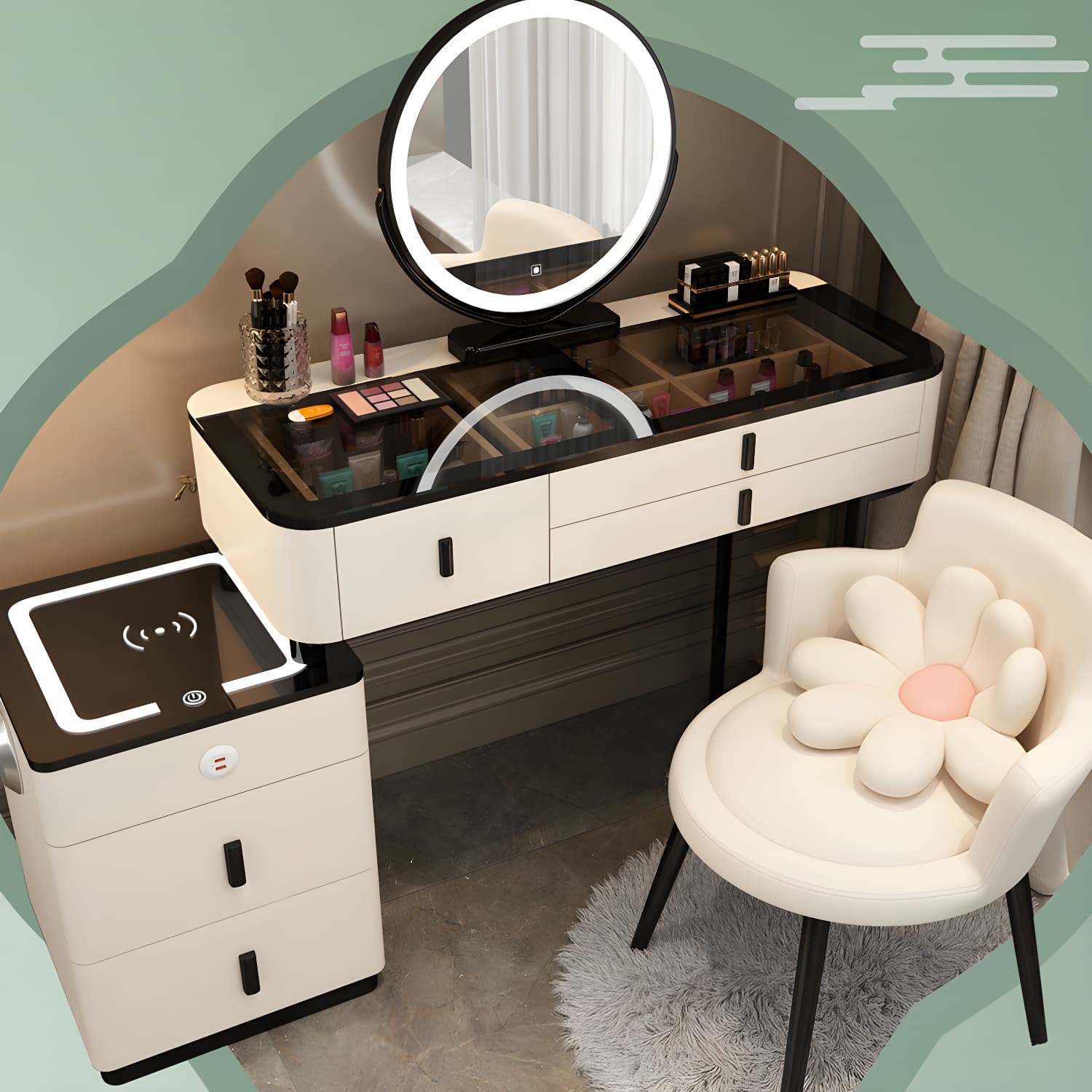 Glam Glass Top Mirrored Vanity Desk and Stool Set with 5 Drawers - image 5