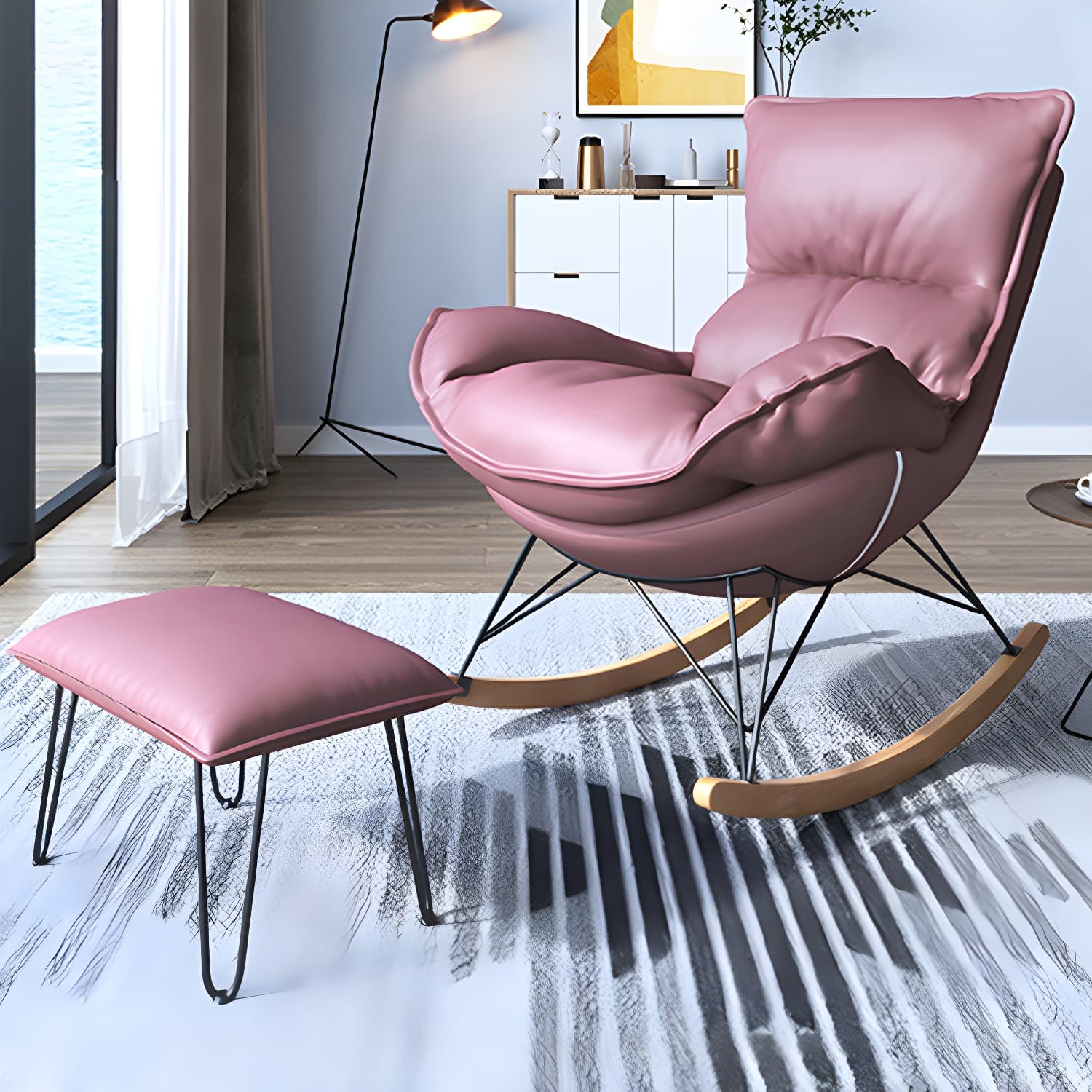 Contemporary Rocker Chair Antique Finish Rocking Chair with Ottoman - image 17