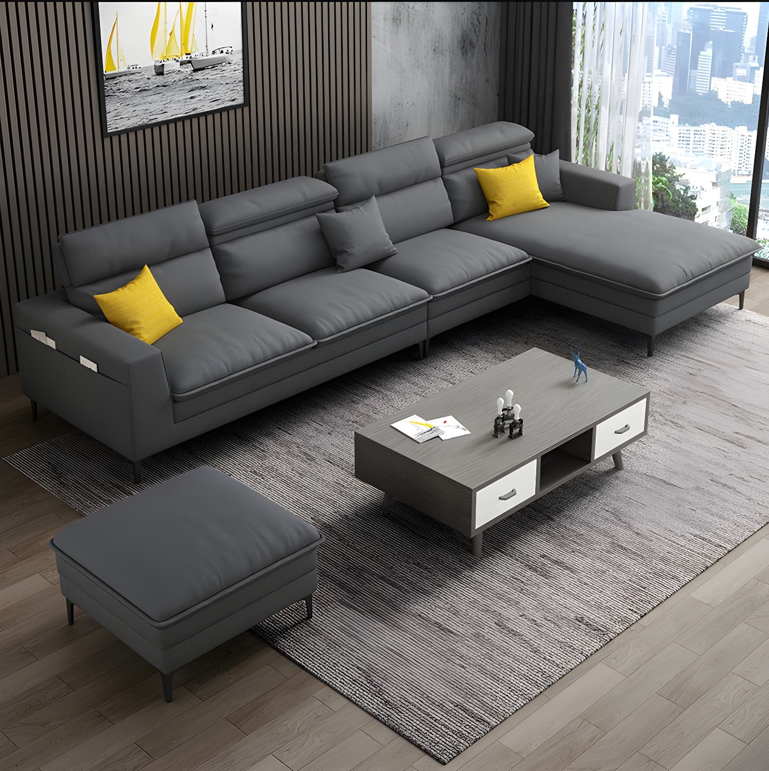 Modern Wood Frame Stationary Sectional Sofa with Black Legs and Storage in Cotton Blend Upholstery - image 7