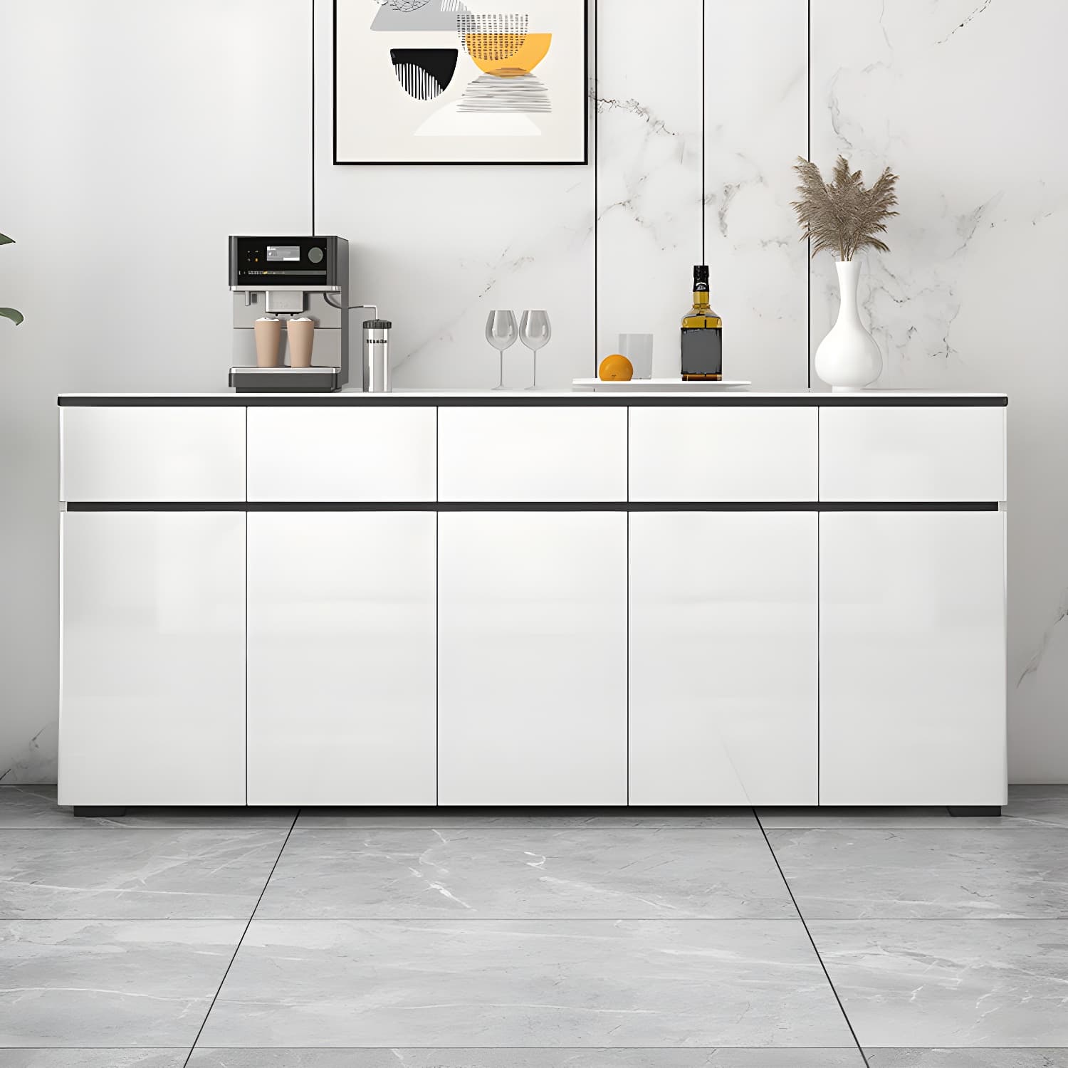 Modern White Sideboard with Glass Countertop, Cabinets, and Drawers