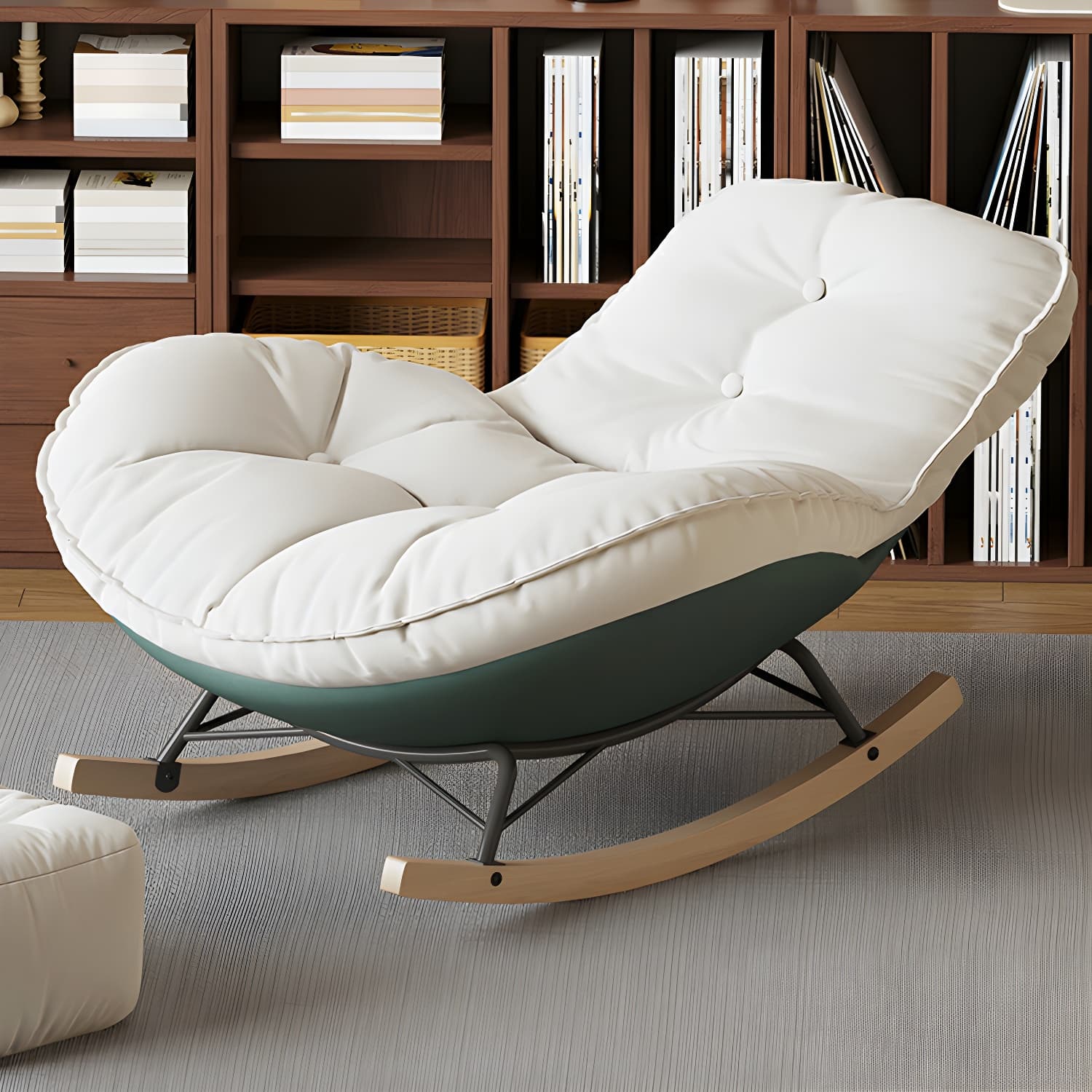 Contemporary Upholstered Rocking Chair with White Tufted Flannel Cushion and Solid Wood Legs - image 18