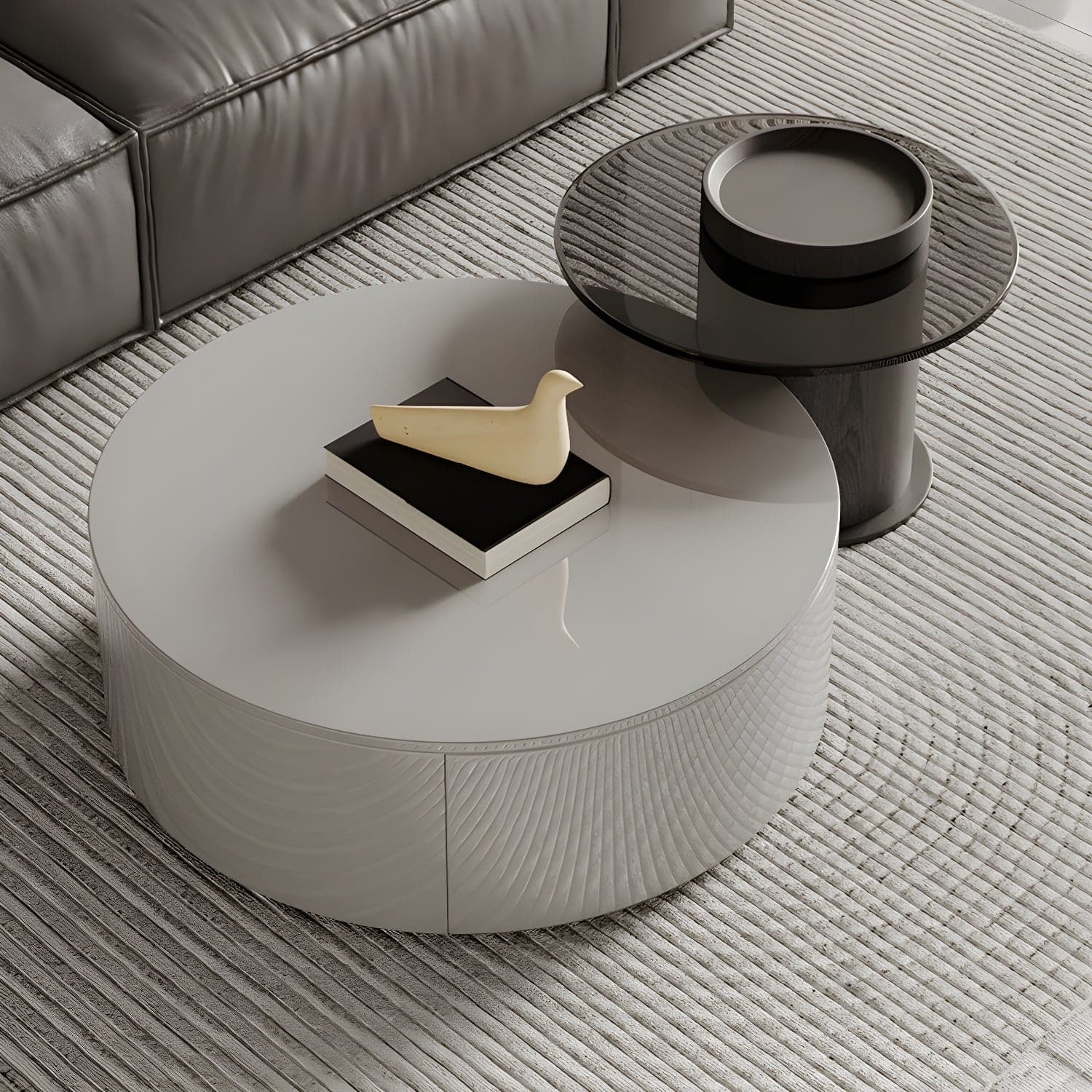 Modern Round Coffee Table with Metal Drum Base and 2 Drawers