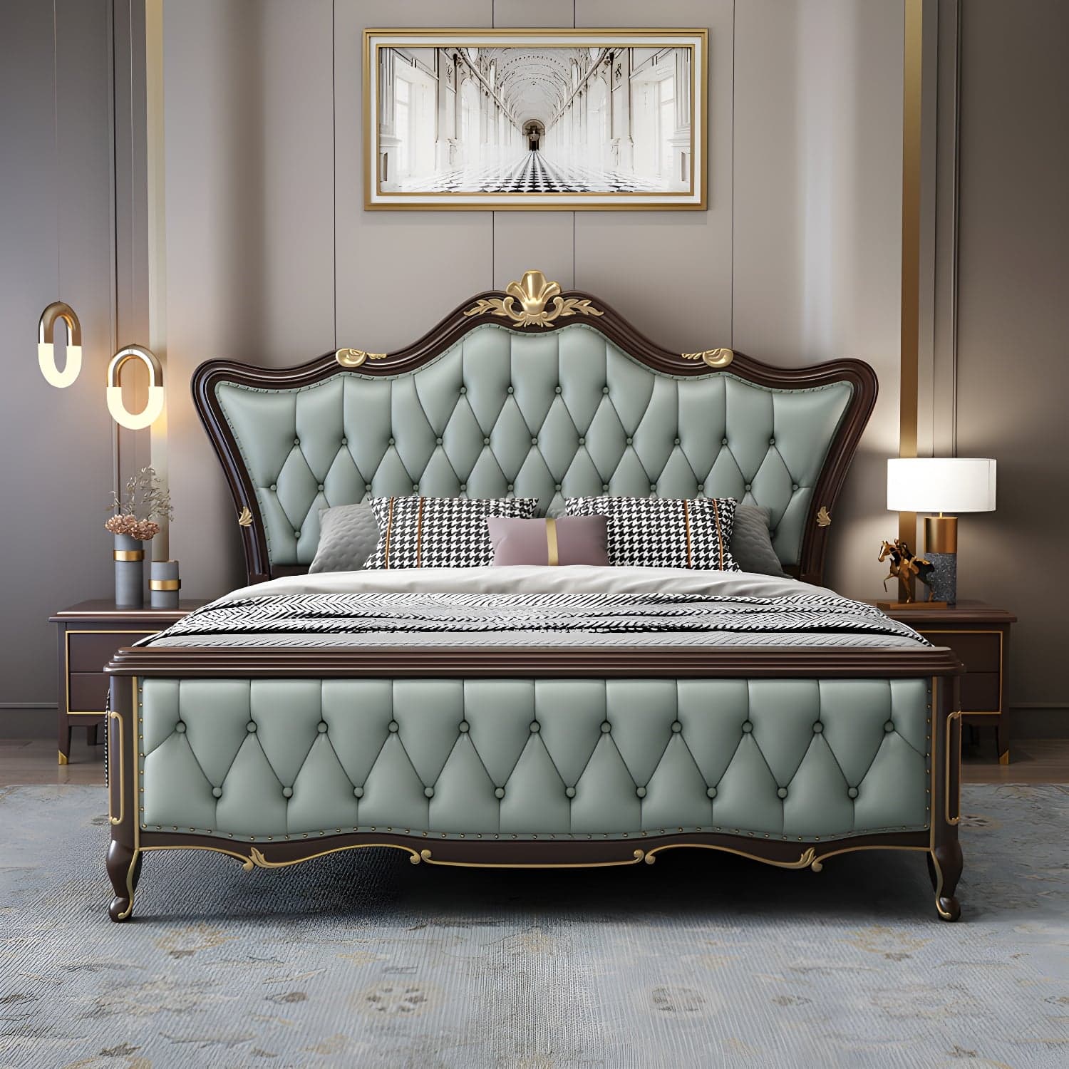 84.65 inch Wide Glam Bed Frame Rubberwood Solid Color Standard Bed with Headboard