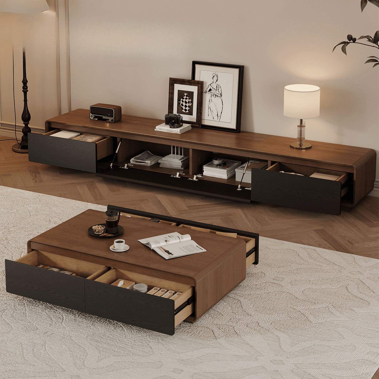 Midnight Black/Auburn Modern Wooden TV Stand with 3 Drawers/4-Drawer - image 4