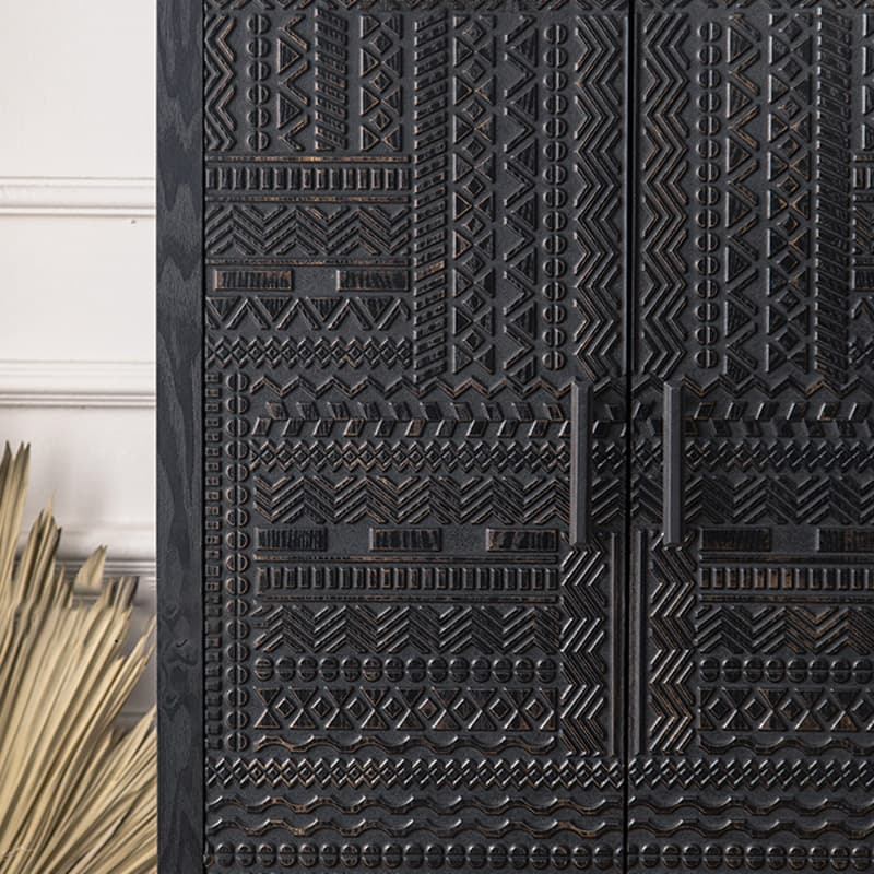 Modern Black Wood Console Cabinet with Cubby Storage and Wood Scoring & Rub Through Detailings - image 7