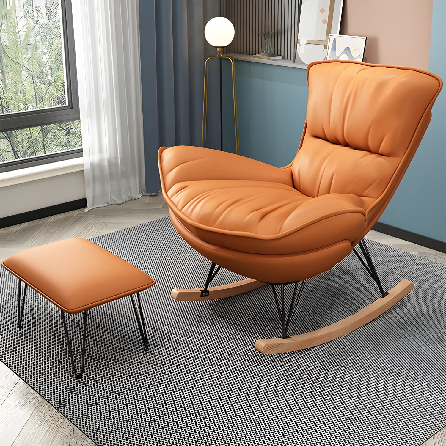 Modern Upholstered Rocking Chair and Ottoman Set - Natural Wood Legs, Stylish Design for Home Decor - image 9