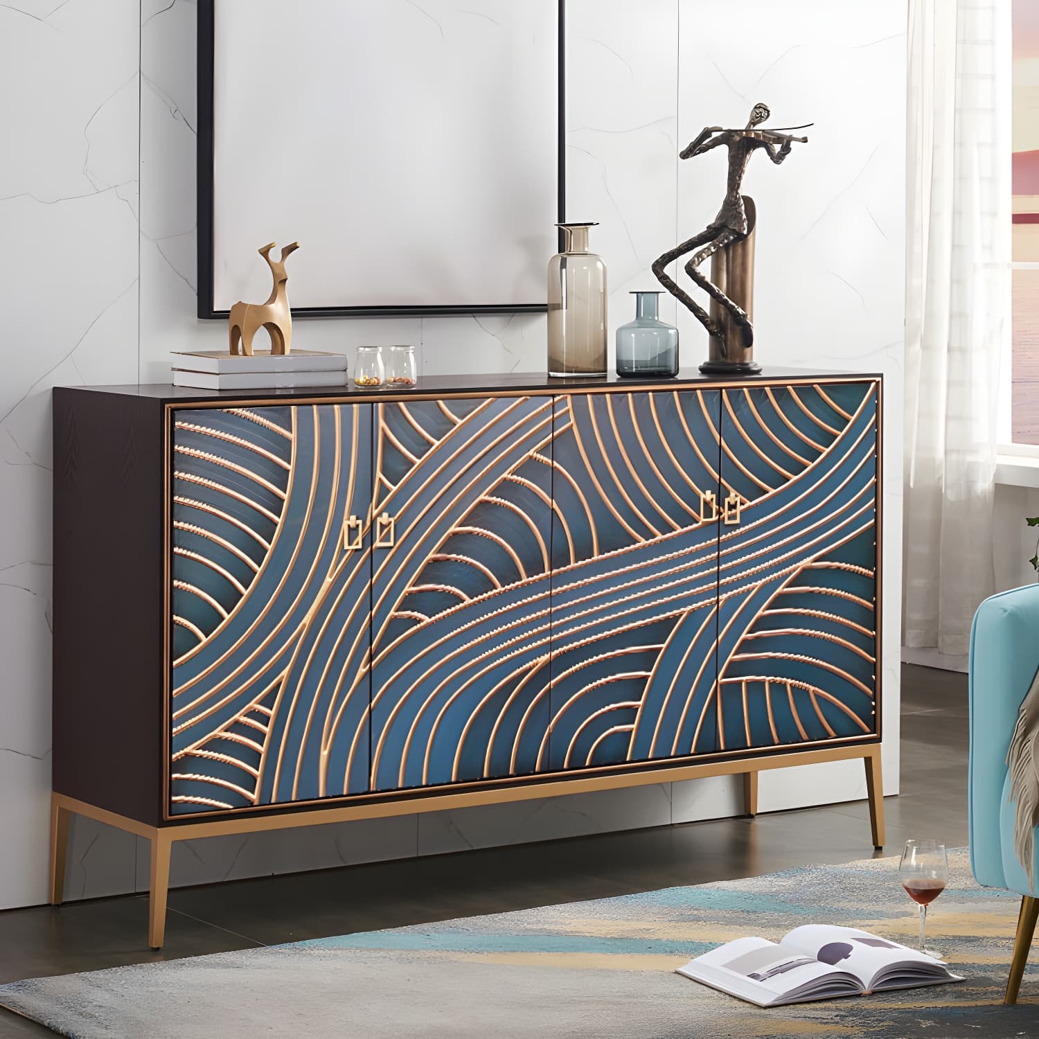 Gold Legs 35.4" High Sideboard Cabinet Glam Style Wood Buffet Table - image 3
