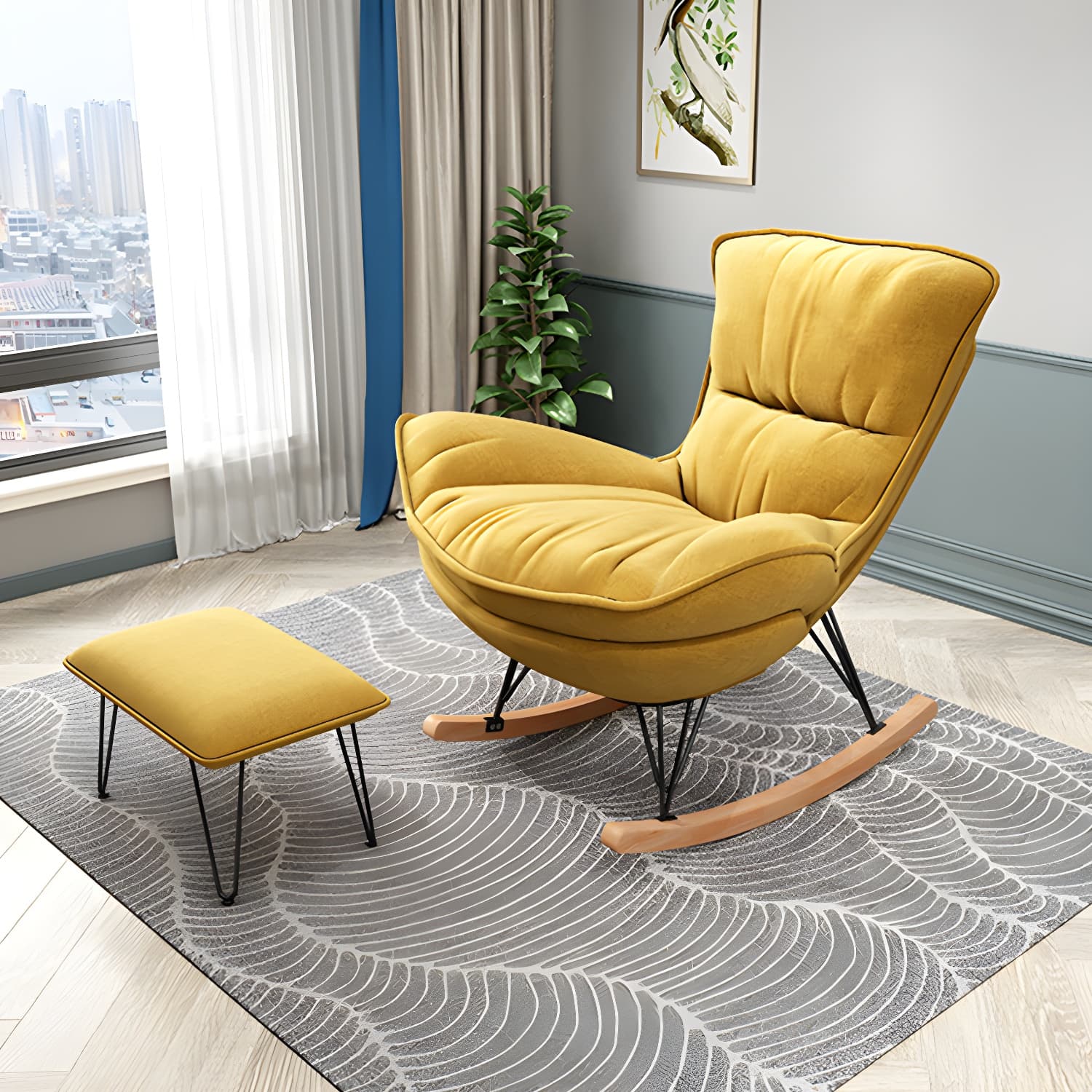 Stylish Modern Indoor Rocking Chair with Ottoman - Upholstered Seat and Natural Wood Legs - image 19