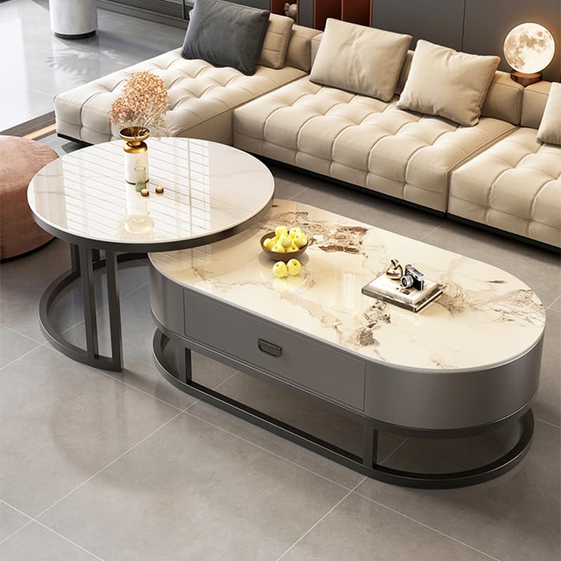 Set of 2 Modern Nesting Stone Coffee Tables with Metal Frame and Drawers - image 3